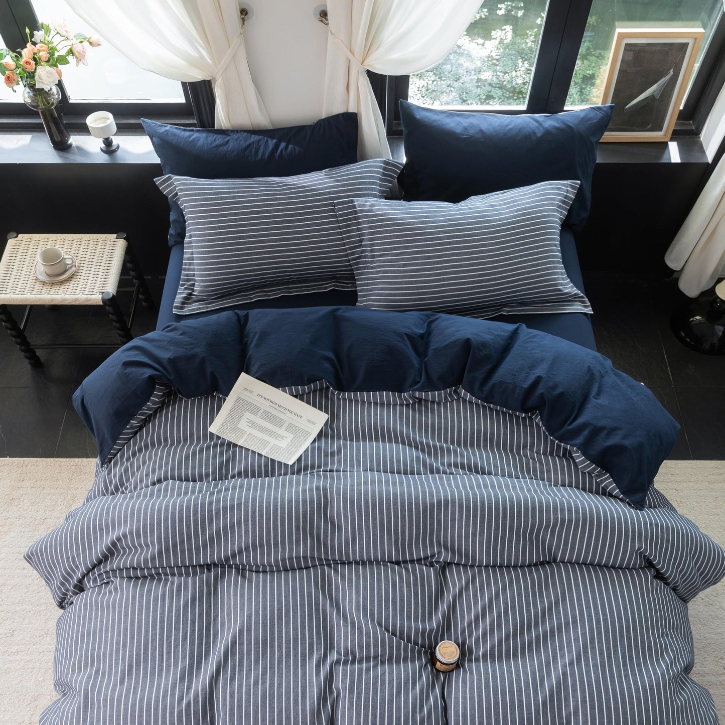 Warm Moment Reversible Duvet Cover Set 100% Washed Cotton Blue Stripe Linen Feel Duvet Cover Queen Size with Zipper Closure & 2 Pillow Shams,Navy/White Stripe Reverse Solid Navy