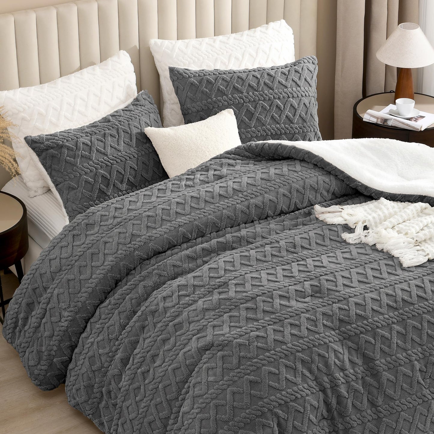 Andency Fluffy Sherpa Full Comforter Set Grey, Super Soft Gray Fleece Warm Bedding for Winter, Luxury Jacquard Boho Thick Fuzzy Plush Bed Set 3 Pieces(1 Shaggy Comforter, 2 Pillowcases)