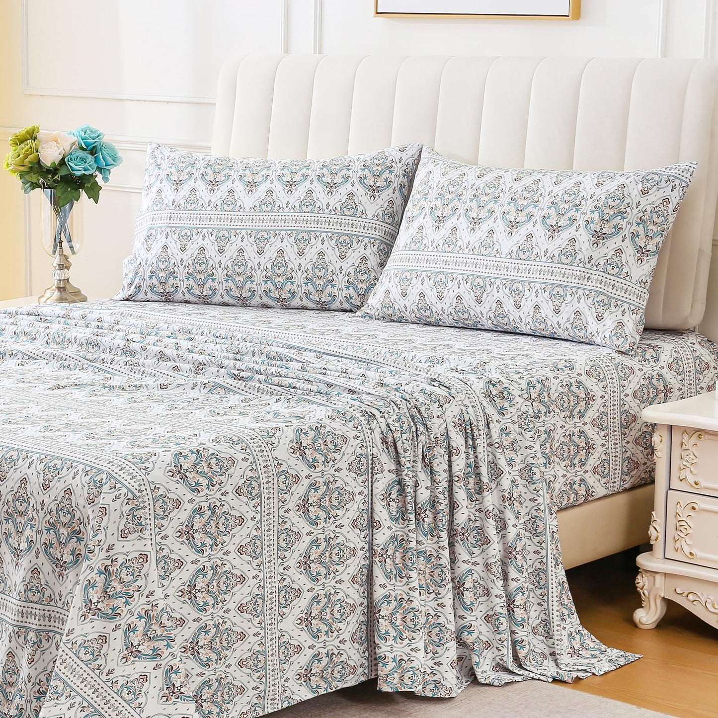 ChicView King Size Paisley Printed Sheet Set,4 Pieces Boho Style Breathable Soft Microfiber Bedsheets, Anti Pilling Deep Pockets Easy Care Bed Sheets, White Green