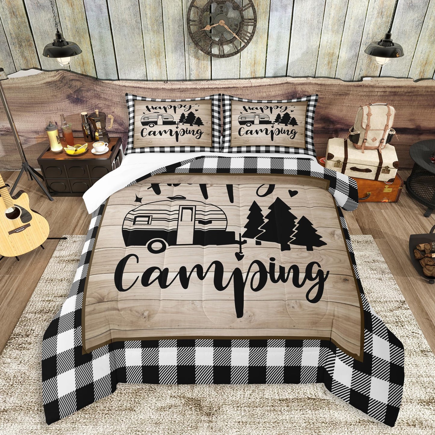 Grid Camper Comforter Set Queen Size for Kids Teens Adults Home Room Decor,Brown Rustic Farmhouse Barn Bedding Set 3pcs,Cartoon RV Trailer Pine Quilt Set Happy Camping Duvet Insert,2 Pillowcases