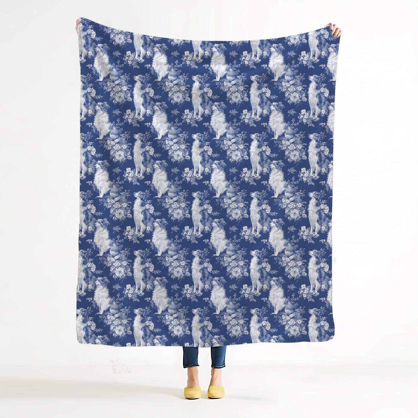 BUJSP Blue Chinoiserie Border Collie Blanket, Border Collie Gifts for Women, Grandmillennial Blue and White French Toile Dog Throw Blanket for Home Bedroom Room Couch Bed Decor, 50x60 Inches