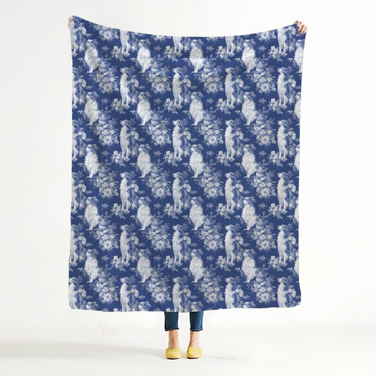 BUJSP Blue Chinoiserie Border Collie Blanket, Border Collie Gifts for Women, Grandmillennial Blue and White French Toile Dog Throw Blanket for Home Bedroom Room Couch Bed Decor, 50x60 Inches