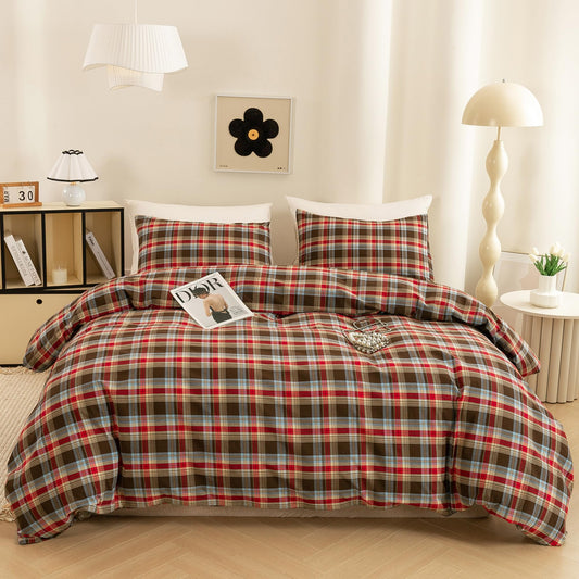 ECOCOTT Buffalo Plaid Duvet Cover Queen Size– 3 Piece Washed Cotton Bedding Set with Classic Checkered Pattern, Red & Brown Duvet Cover with Pillowcases for All Seasons