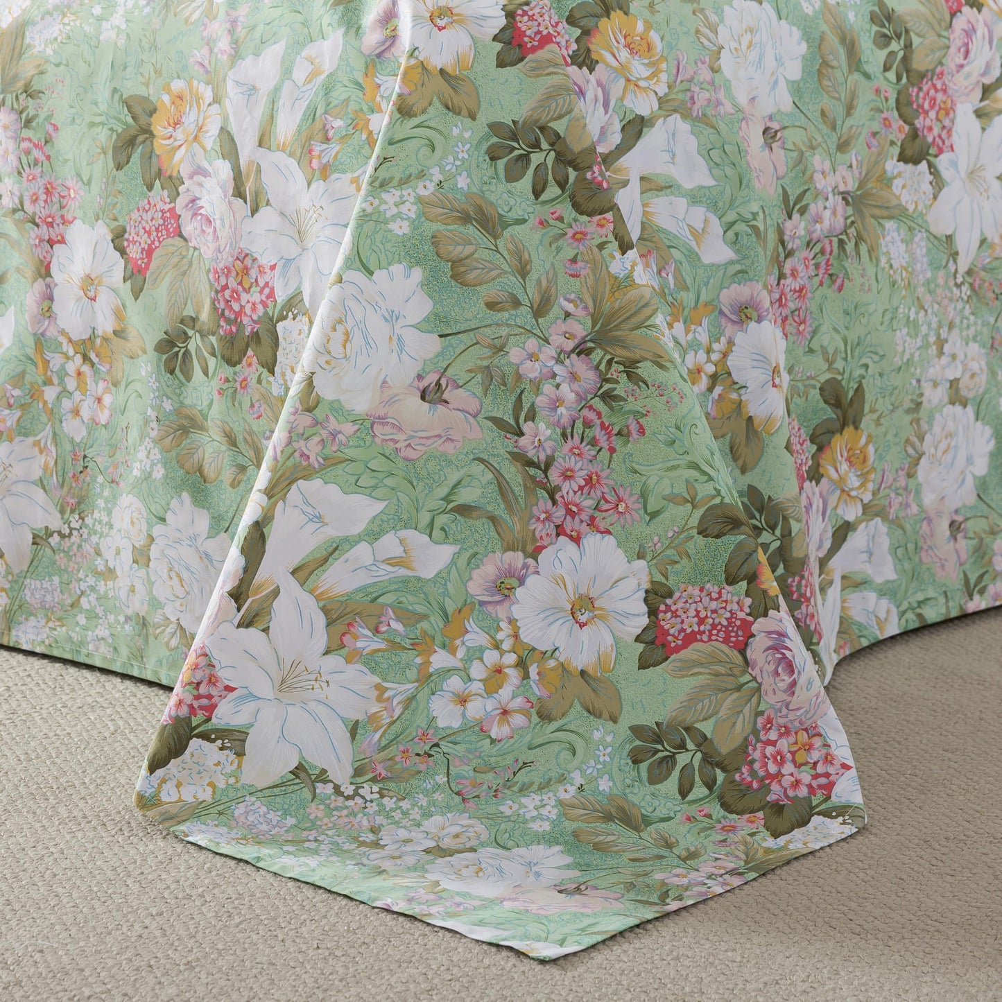 FADFAY Floral Bed Sheets Set Queen Size 100% Cotton Mint Green Botanical Sheet Sets Countryside Bedding Soft Breathable Girls Lily Flower Printed Deep Pocket Sheet 17.5 inch, 4 Pcs Queen