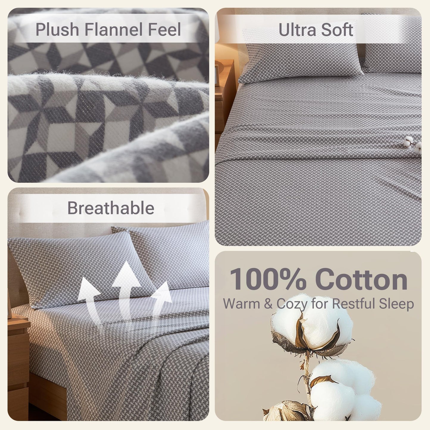 True North by Sleep Philosophy Cotton Sheet Set Cozy Print 100% Cotton Flannel Sheets Bedding Set, Oversized Sheets, Deep Pocket Fits Up to 14" Mattress Queen Bed Sheets Queen Snowflake 4 Piece