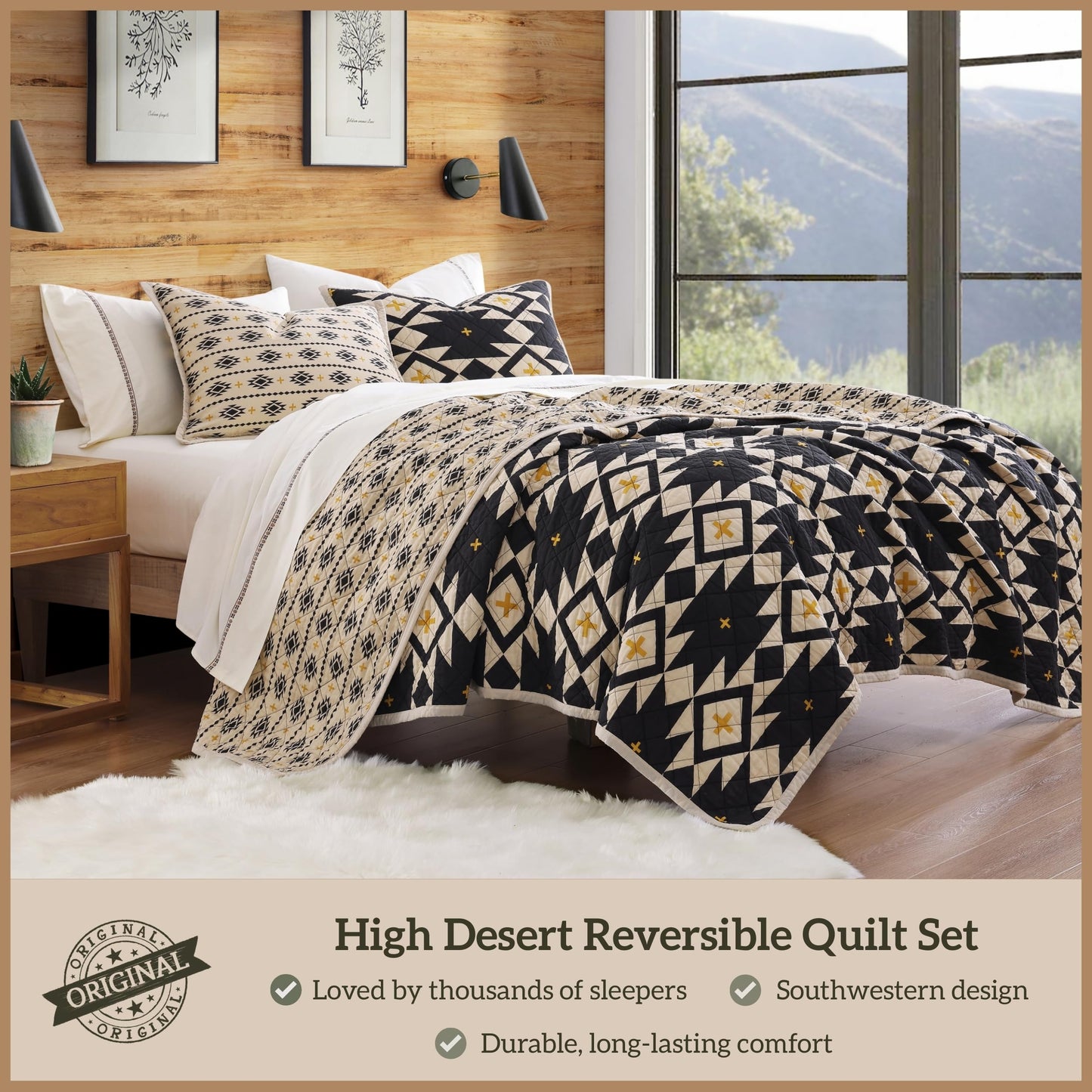 Paseo Road High Desert King Quilt Set, 3 Piece Rustic Western Bedding Set with Pillow Shams, Lightweight Reversible Cotton Quilt with Southwestern Aztec Pattern, Soft Breathable Cozy Boho Bedding