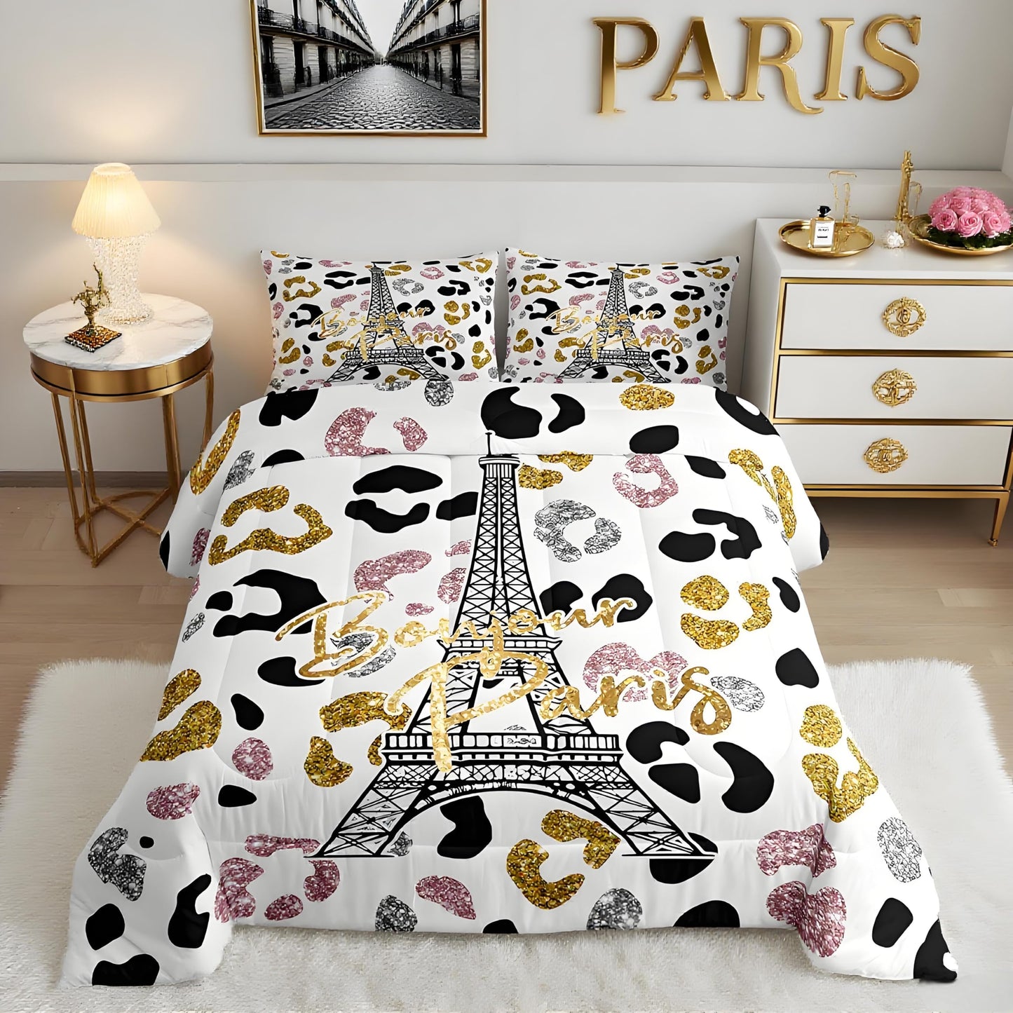 Feelyou Eiffel Tower Comforter Set Leopard Print Bedding Set for Kids Boys Girls Paris Tower Comforter Cheetah Print Quilt Set 1 Comforter Set with 2 Pillowcases Queen Size