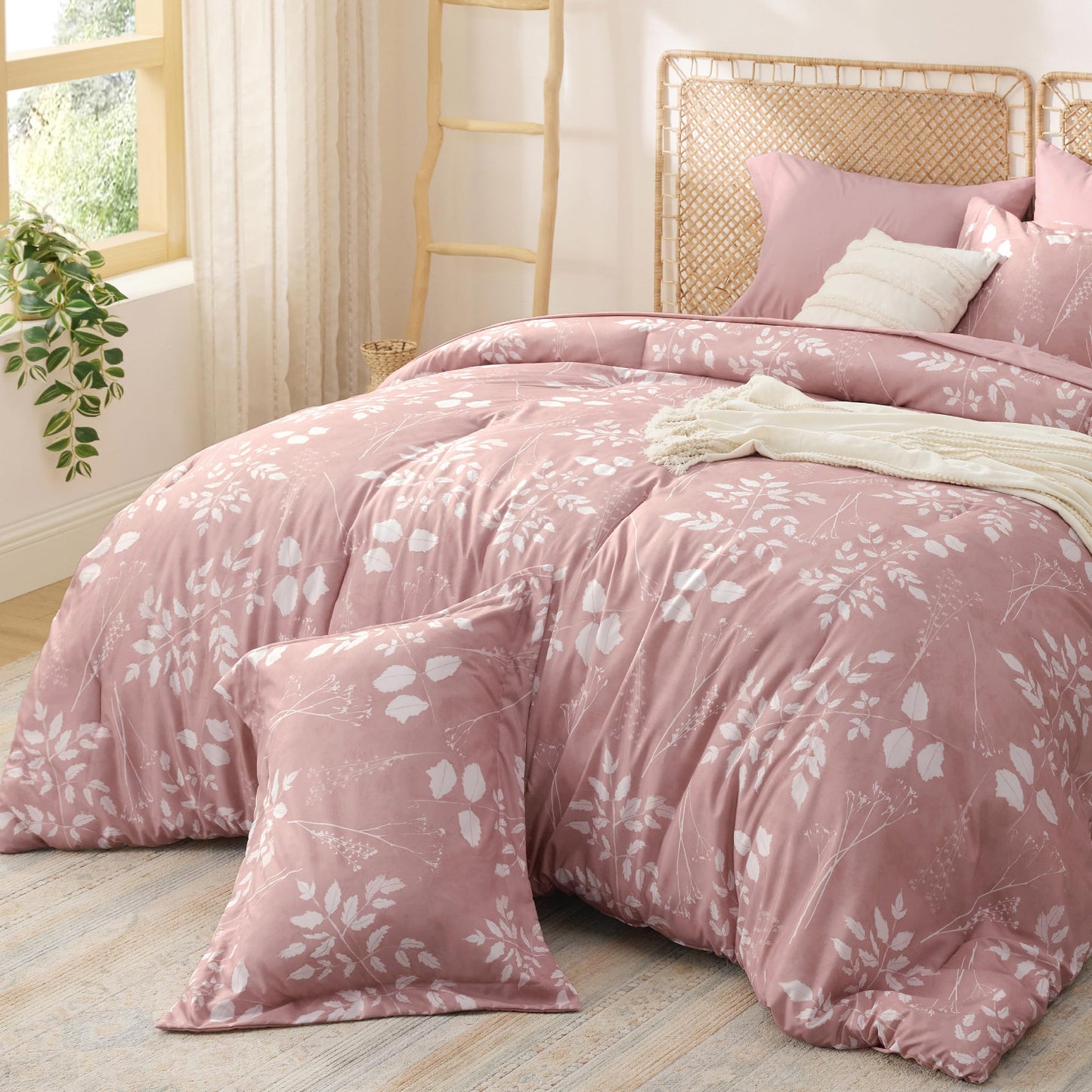 Bedsure Rose Pink Queen Comforter Set - 7 Pieces Floral Bedding Sets Queen Bed in a Bag with Reversible Botanical Flowers Comforter, Sheets, Pillowcases & Shams
