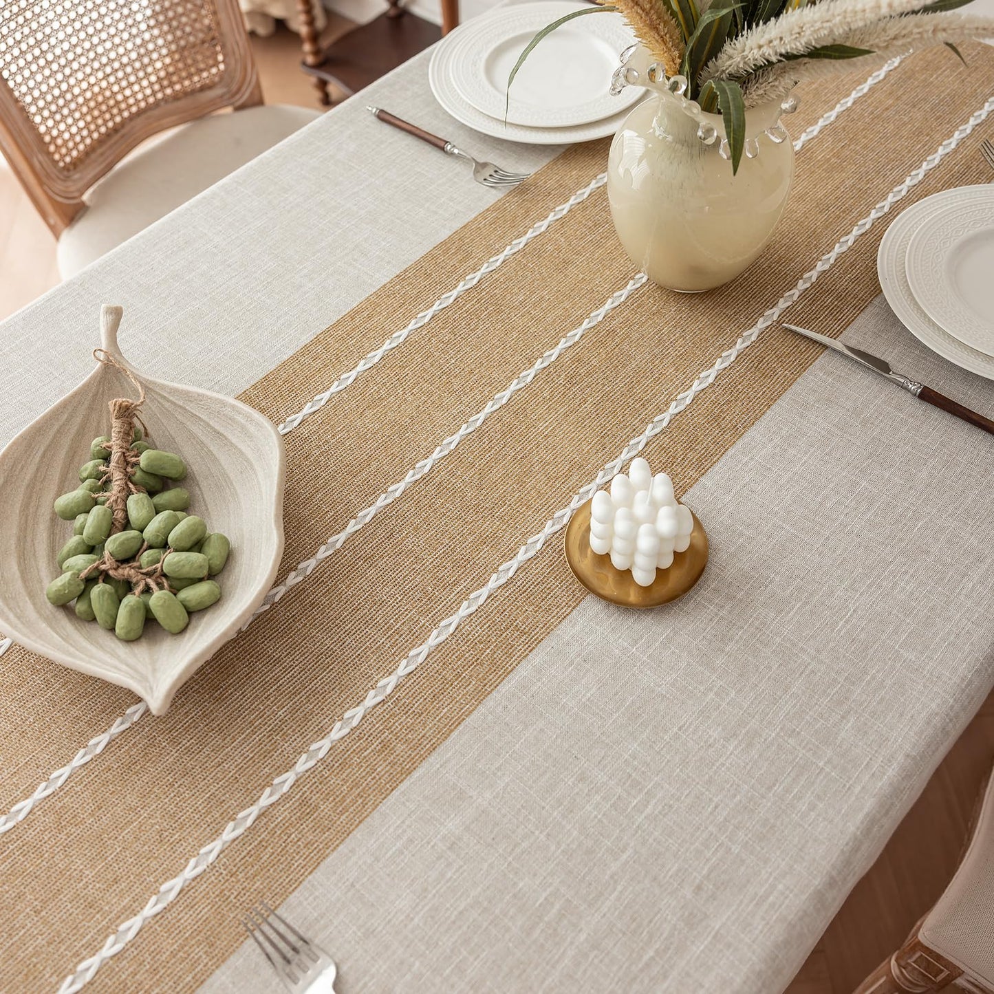 Joyfol Day Rustic Waterproof Cotton Blend Tablecloth, Heavy Weight Embroidery Table Cover for Rectangle Tables, Burlap Farmhouse Style with Coffee Line Pattern, 55" x 120"