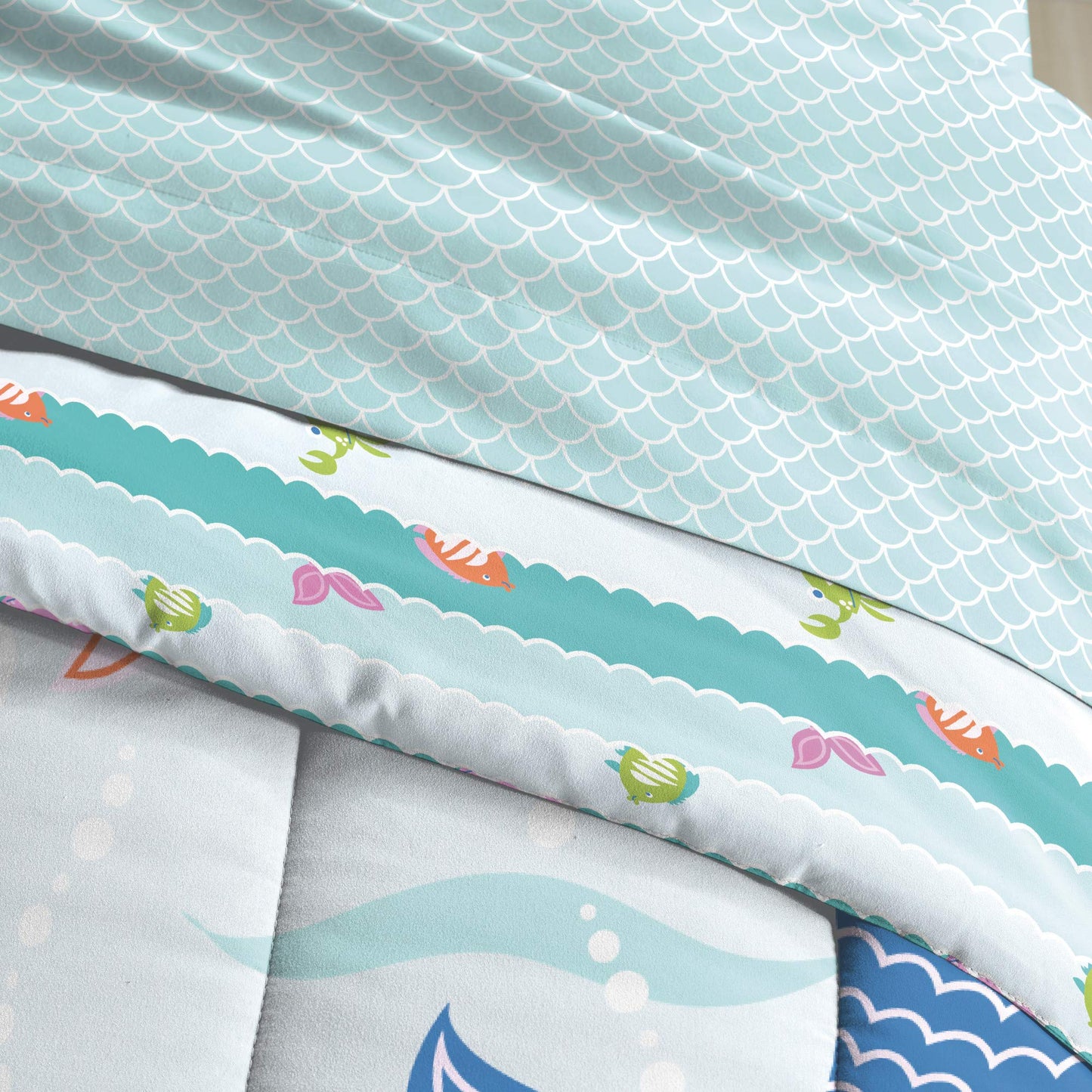 dream FACTORY Kids 5-Piece Complete Set Easy-Wash Super Soft Microfiber Comforter Bedding, Twin, Light Blue Mermaid Dreams
