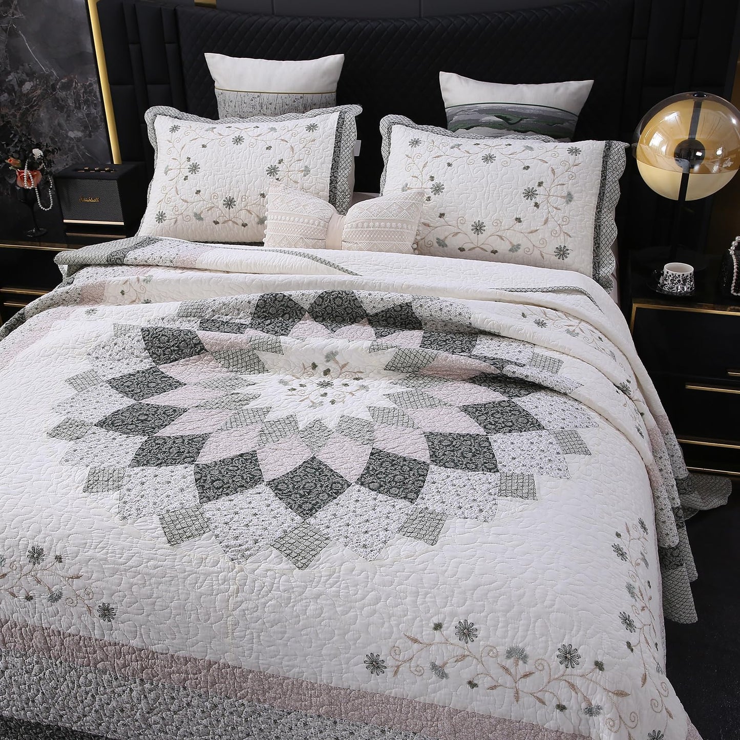 ROOMLIFE Quilt Set Queen Size 3D Floral Embroidery Pattern 3-Piece Cotton Reversible Quilted Embroidered Decorative Bedspreads Coverlet Bedding Set, Lightweight &Soft, All Season(90" X 94") Black