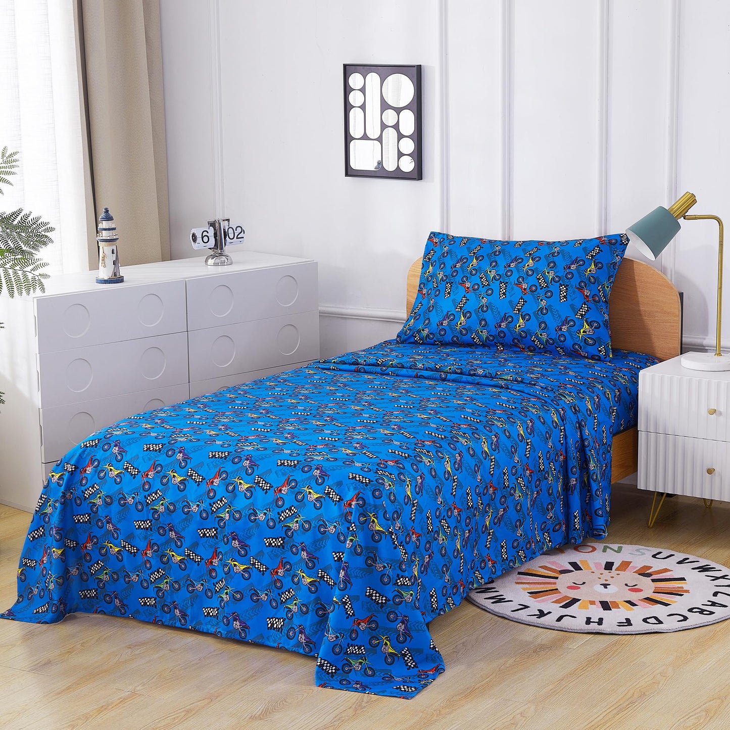 lasoftan Kids Sheet Set Twin Size, Twin Sheet Set with Motorcycle Pattern，Breathable Silky Soft Microfiber Kids Fitted Sheet