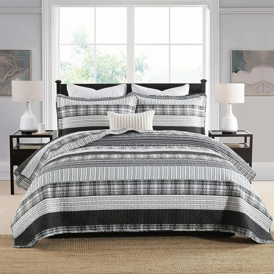 Homzard King Size Comforter - 100% Cotton, Black White Striped King Quilt Bedding Set,Black Grey Plaid Striped Bedding King,Farmhouse Lightweight Comforter for Bed,All Season