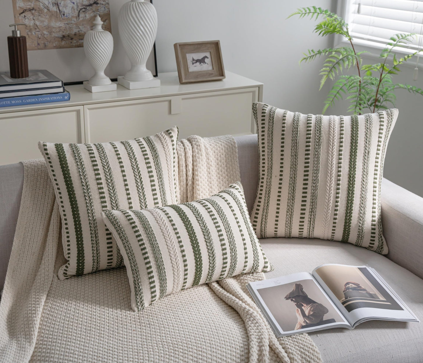Cethom Green Boho Throw Pillow Covers 12x20 Inch Set of 2, Stripe Textured Decorative Couch Pillow Cases for Bed, Sofa, Living Room, Bedroom, Farmhouse Home Accent Cushion Covers