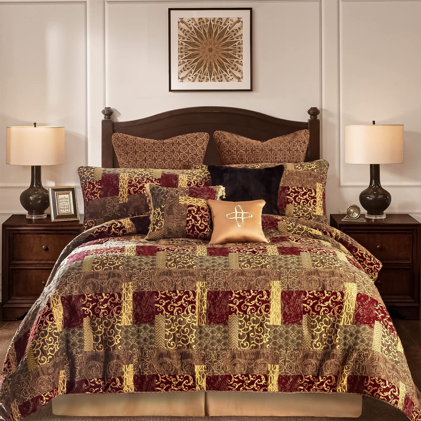 Loom and Mill 9-Piece Jacquard Luxury Traditional Patchwork Comforter Sets, Ultra Soft Bedding with Euro Shams, Bedskirt, Filled Decorative Pillow for Home (Loong, King),Red Gold