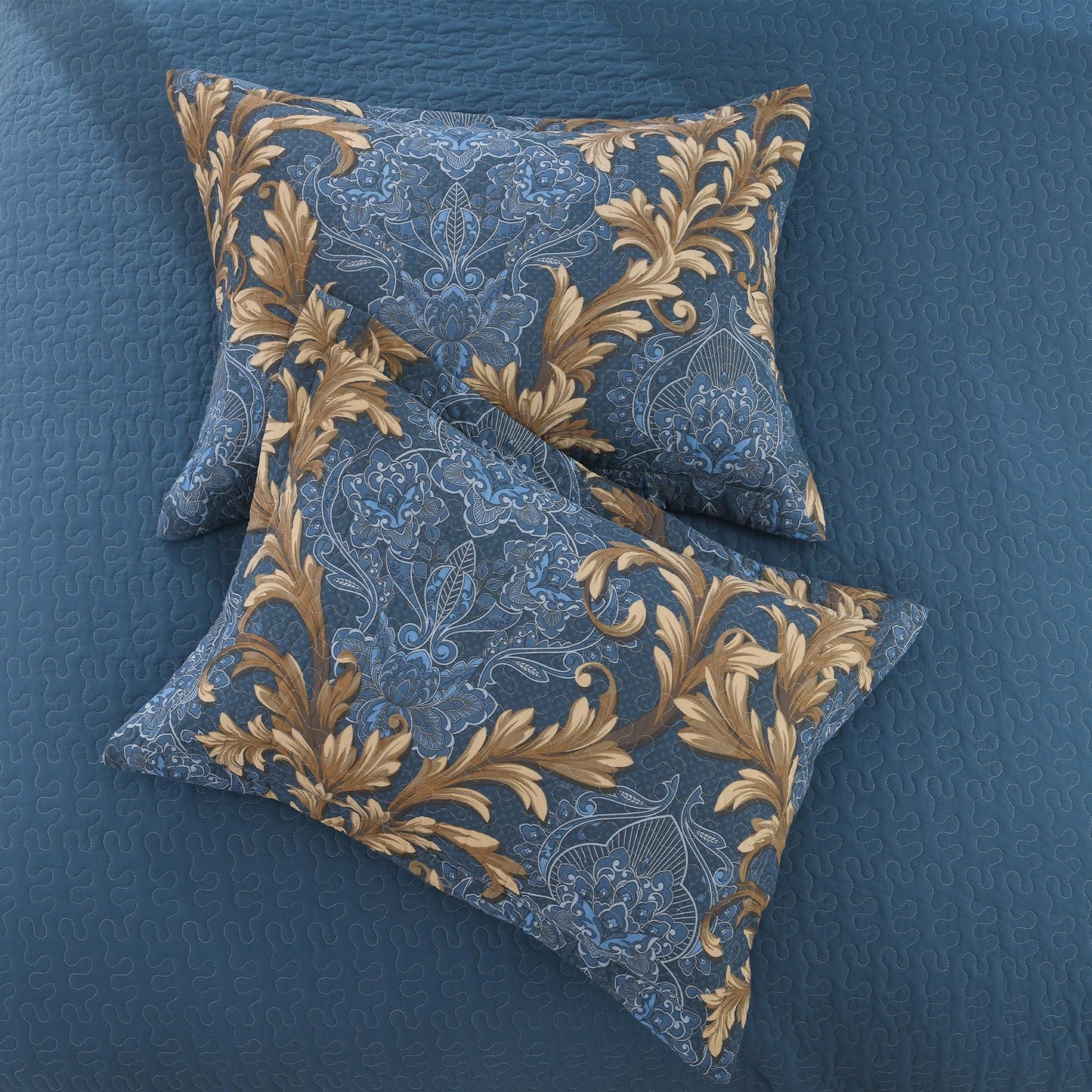 BCOTTOND King Size Quilt Set - Blue and Brown Quilt King, 100% Cotton Damask Bedspread Set 3 Piece, Classic Elegant Lightweight Comforter, Reversible Quilt Bedding Set for All Season