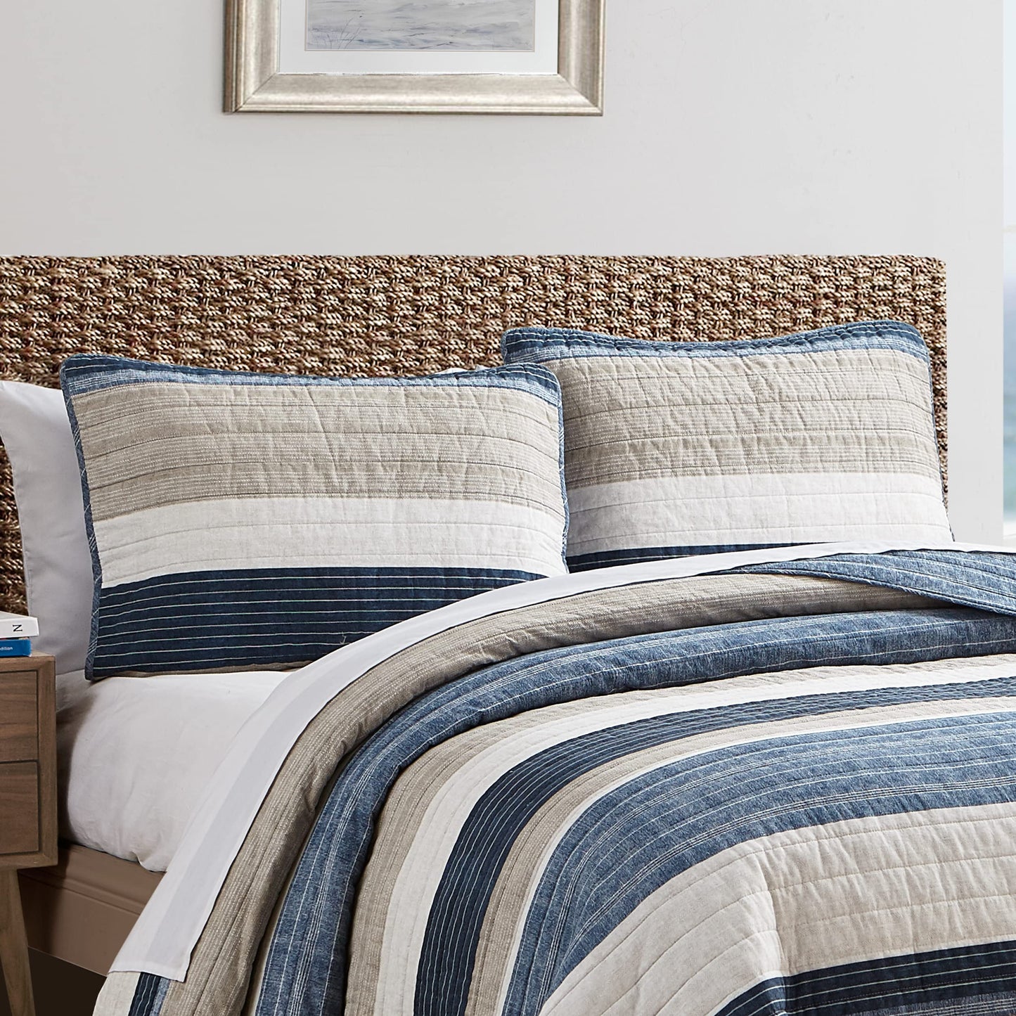 Nautica - Queen Quilt Set, 100% Cotton Bedding with Matching Shams, Reversible Stripe Design, Prewashed for Extra Softness, Lightweight & Breathable Quilt for Year-Round Layering (Ridgeport Blue)