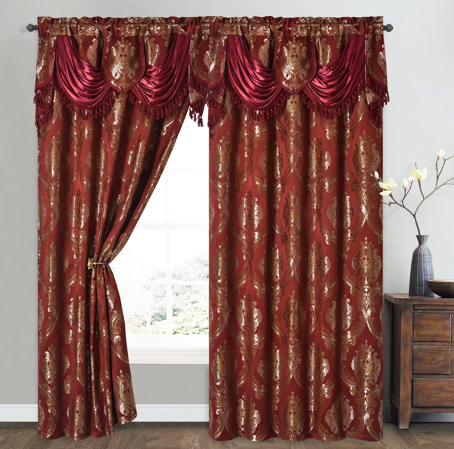 GOHD Luxe Love. Jacquard Window Curtain Panel Drape with Attached Fancy Valance. 2pcs Set. (Wine, 54" Wide x 84" Drop with 18" Valance x 2pcs)