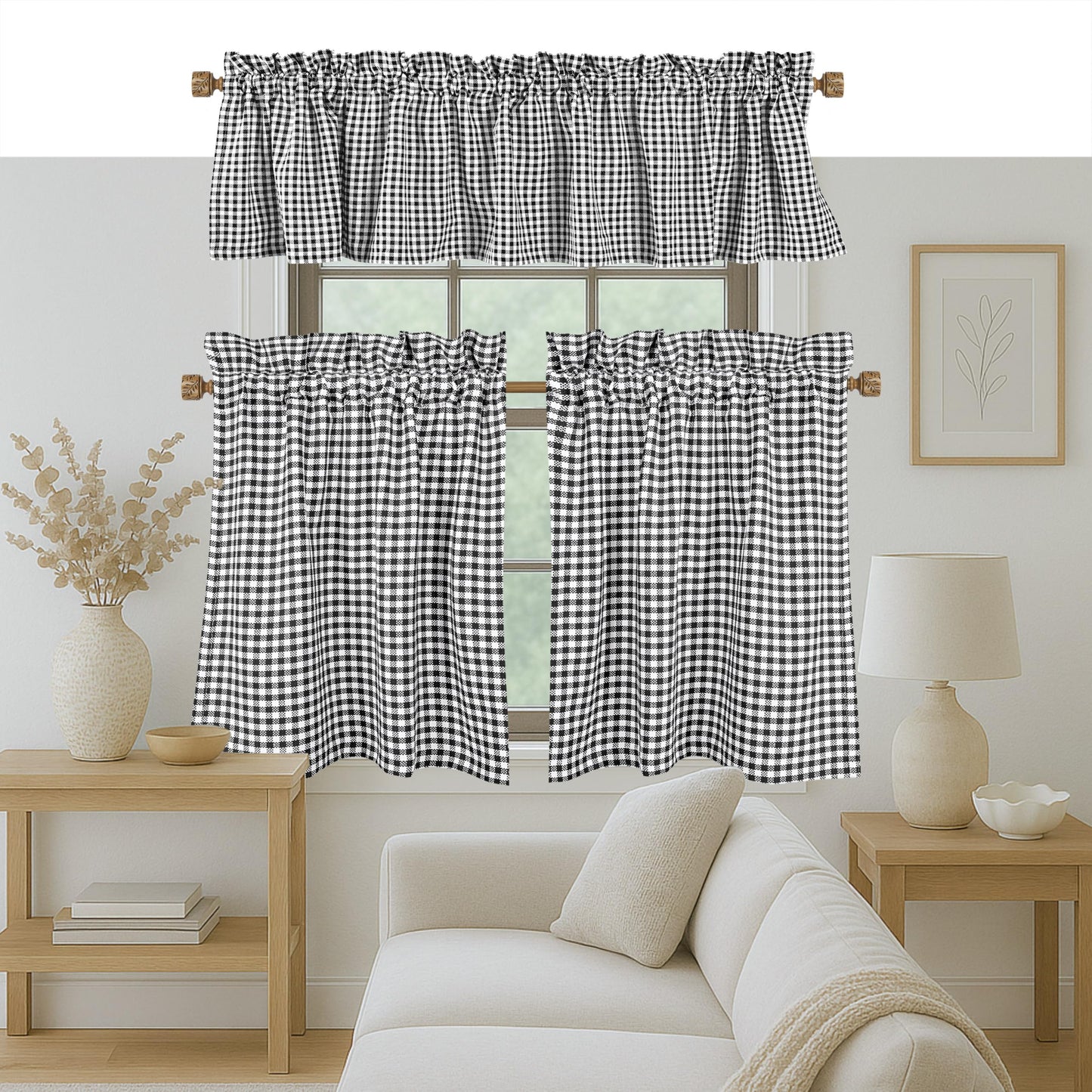 Native Fab Gingham Mini Check 3 Piece Window Curtain Tiers 26"x36" and Valance 54"x18" Set - Rod Pocket - Semi Sheer - Farmhouse Vintage Curtain for Kitchen, Cafe, Living Room - Black and White