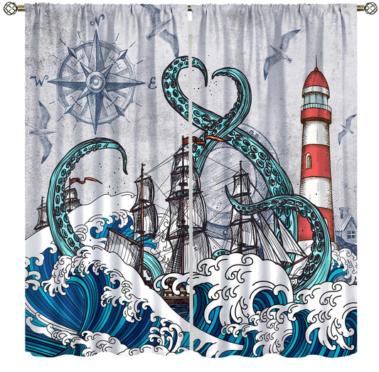 Nautical Curtains Vintage Blue Octopus Sea Monster Sailboat Map Rustic Lighthouse Compass Scene Ocean Beach Windows Treatments Rod Pocket For Boys Kids Living Room Bedroom 42x44.5In（No Blackout）