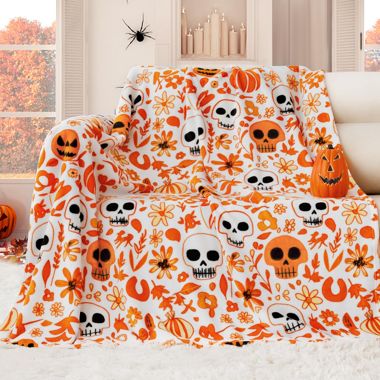 ROMROL Fall Blanket Halloween Throw Blanket, Ghost Blankets, Pumpkin, Fall Throw Blanket Autumn Harvest Plaid Blankets, Soft Fuzzy Plush for Couch Sofa, Flannel Blanket, Halloween Decor (50" x 60")