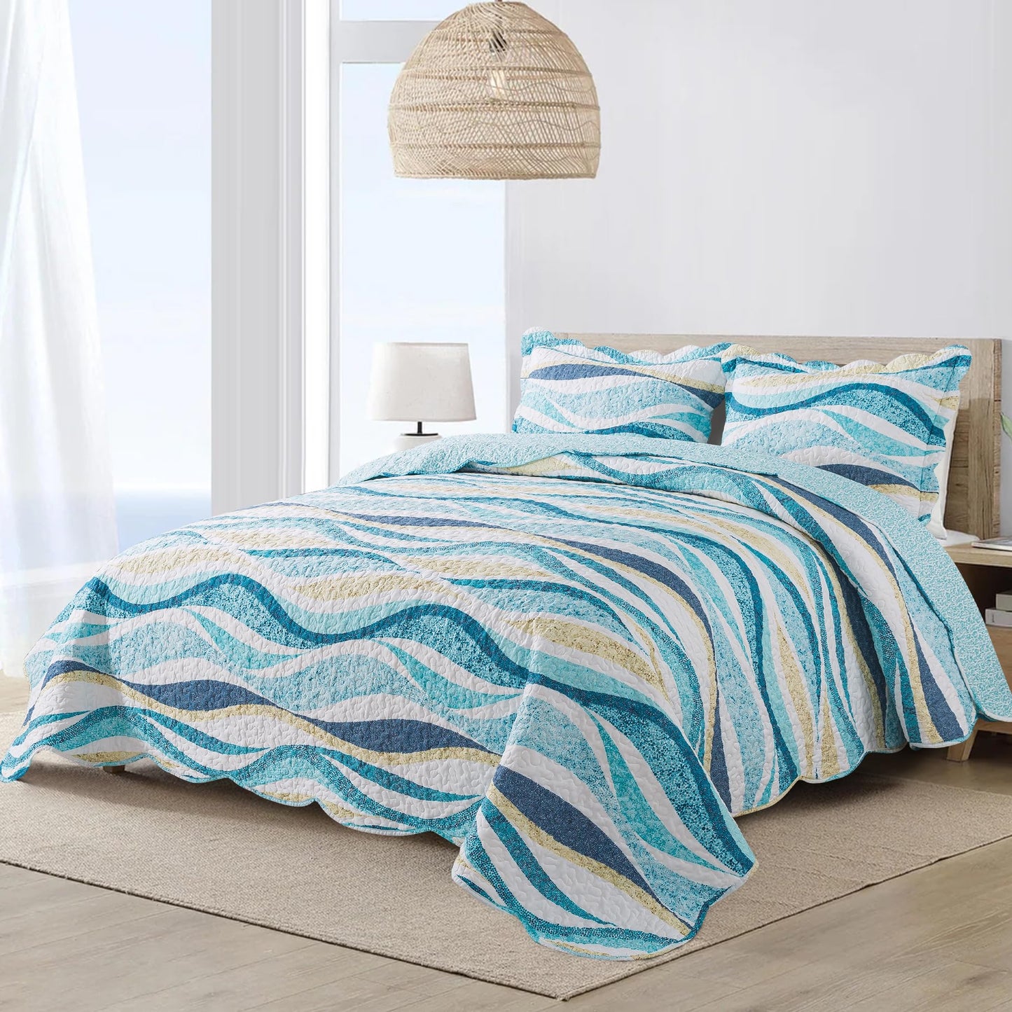 NEWLAKE Quilt Bedspread Sets - West Coastal Pattern Reversible Coverlet Set, Queen Size