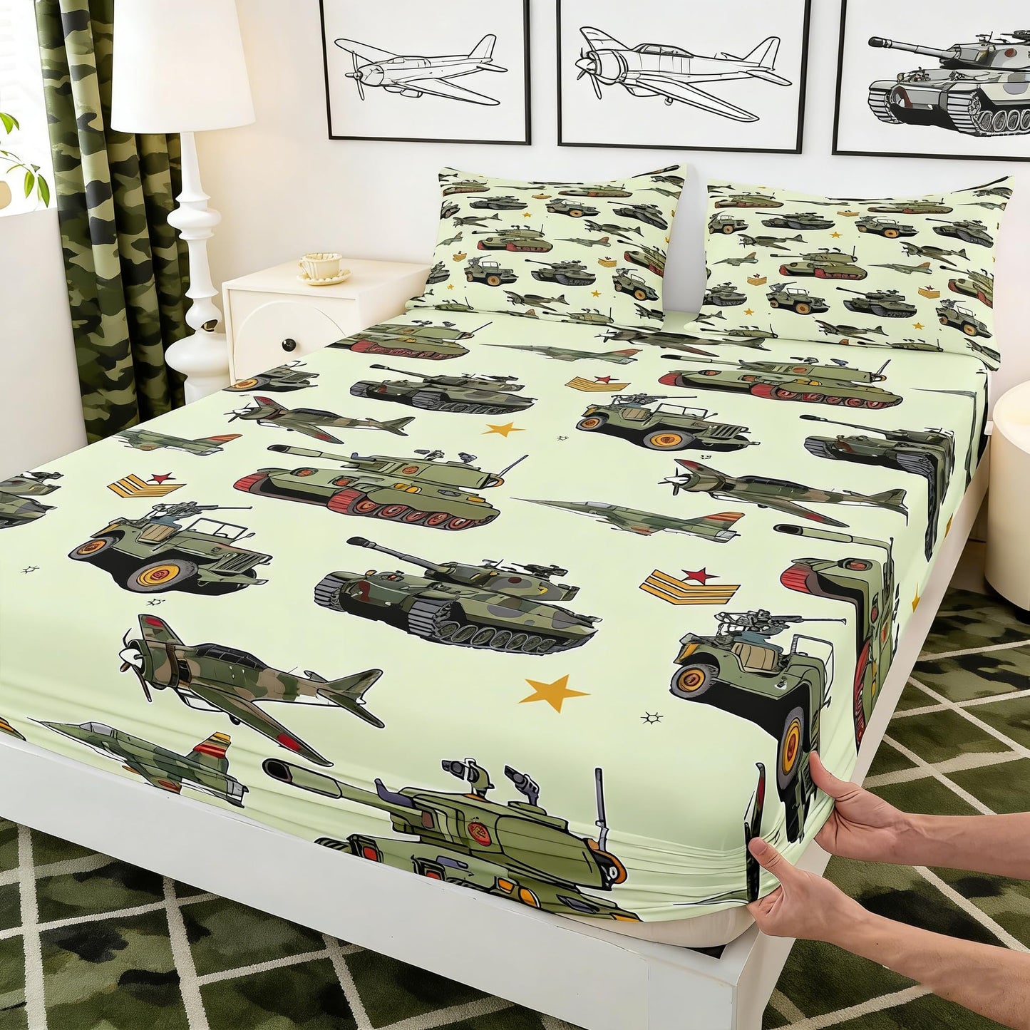 Aircraft Tank Fitted Sheet Full Size, Green Camo Helicopter Airplane Bedding Set 3pcs for Kids Boys Room Decor, Military Army Equipment Bed Cover with 2 Pillowcases, Soft Deep Pocket Sheets, No Flat