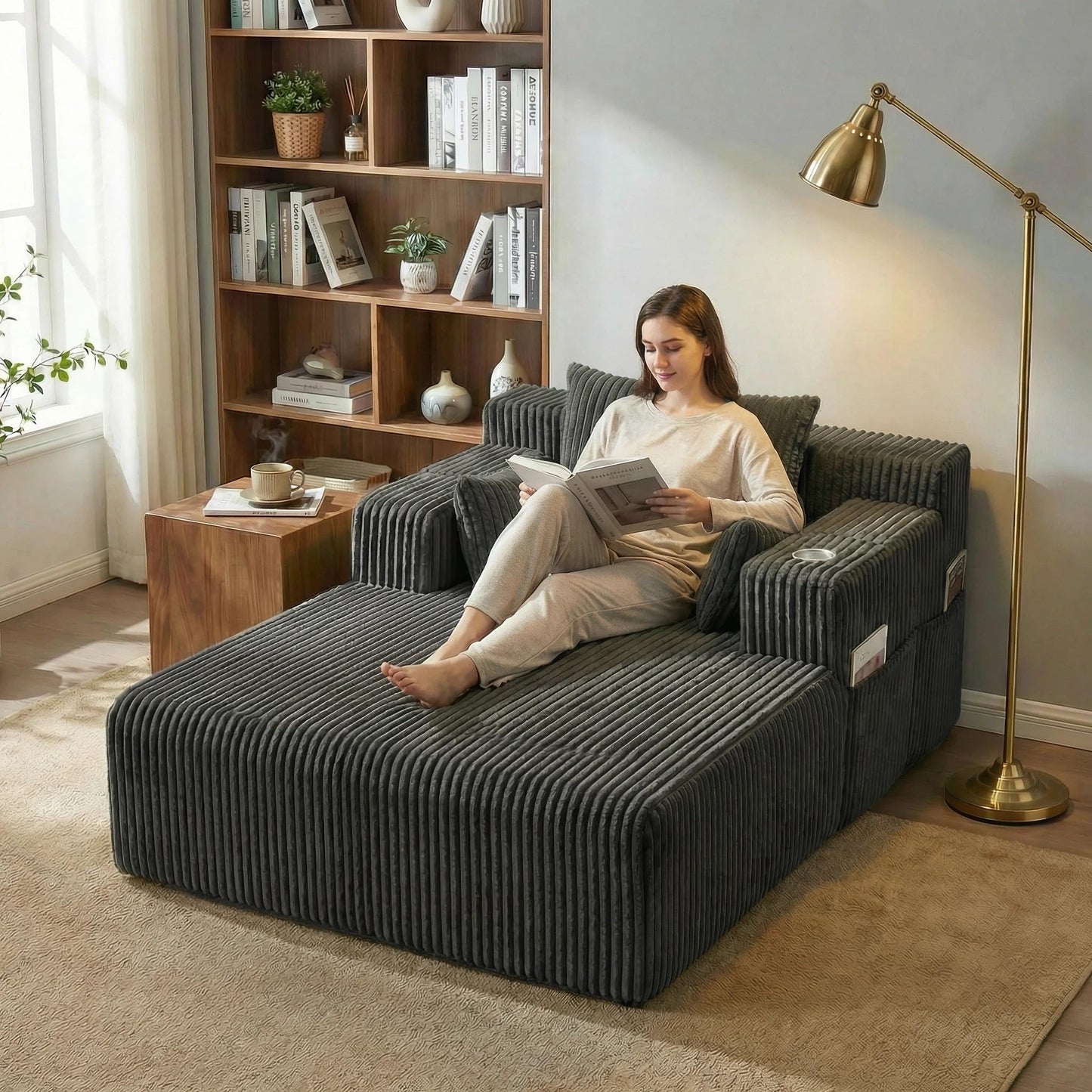 Furnimart 66" Oversized Chaise Lounge Indoor, Upholstered Sofa Bed with 1 Cup Holders & 4 Side Pockets, No Assembly Required Corduroy Reading Chair, Small Couches for Small Spaces, Grey