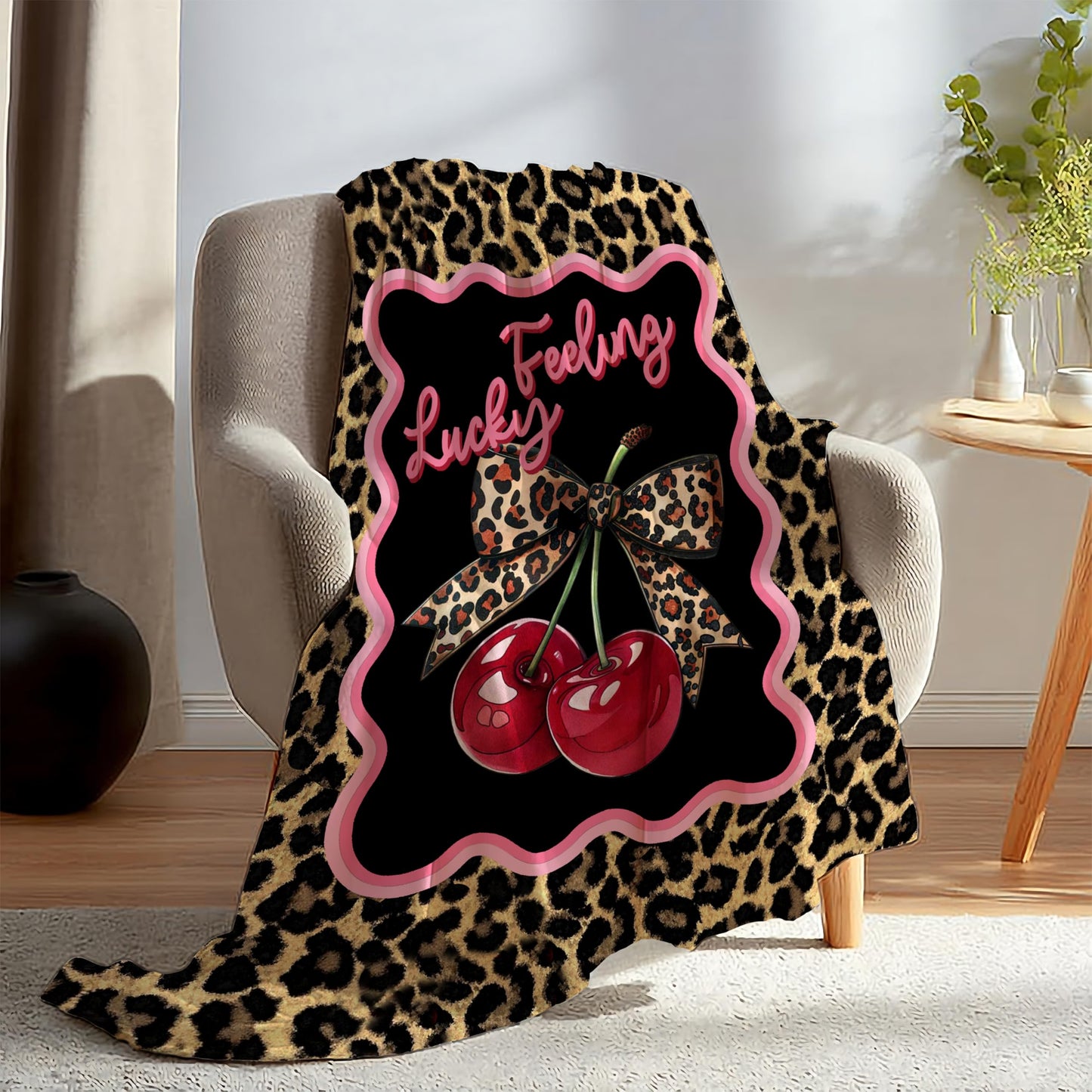 BUJSP Trendy Leopard Cherry Print Blanket, Leopard Print Room Decor, Funky Cherry Cheetah Feeling Lucky Throw Blanket for Home Bedroom Room Couch Bed Decor, 50x60 Inches