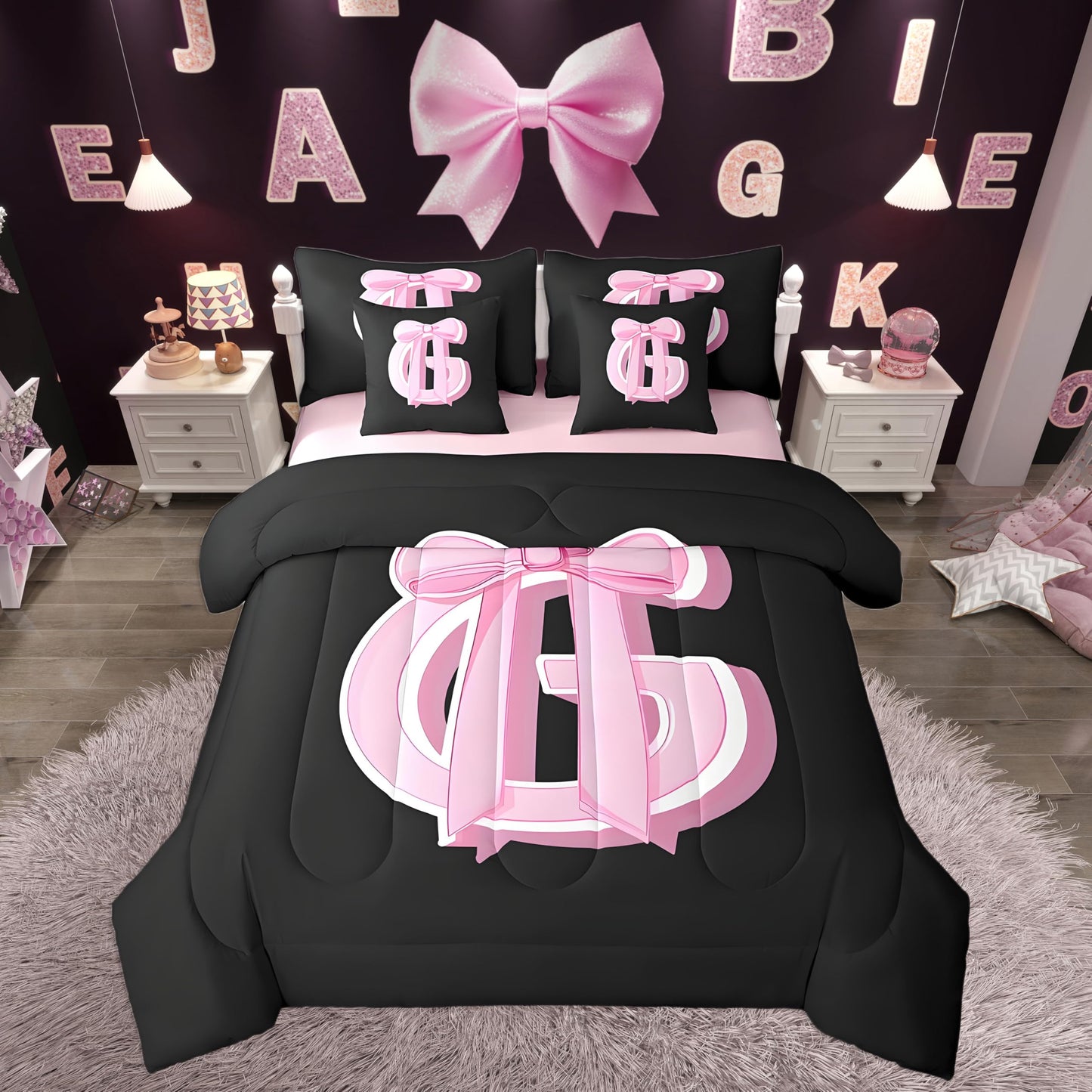 jejeloiu Kids Girls Black Pink Bow Comforter Set with Sheets Twin Size Monogrammed 7 Piece Bedding Set Personalized Initial G Bed in a Bag with Comforter,Sheets,Pillowcases Modern Fashion Bed Set