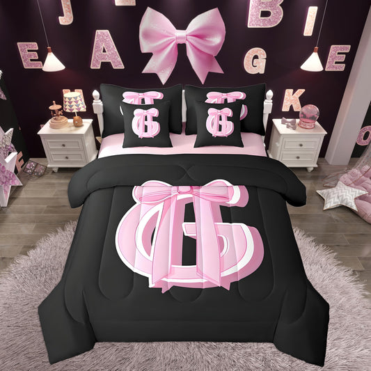 jejeloiu Kids Girls Black Pink Bow Comforter Set with Sheets Twin Size Monogrammed 7 Piece Bedding Set Personalized Initial G Bed in a Bag with Comforter,Sheets,Pillowcases Modern Fashion Bed Set