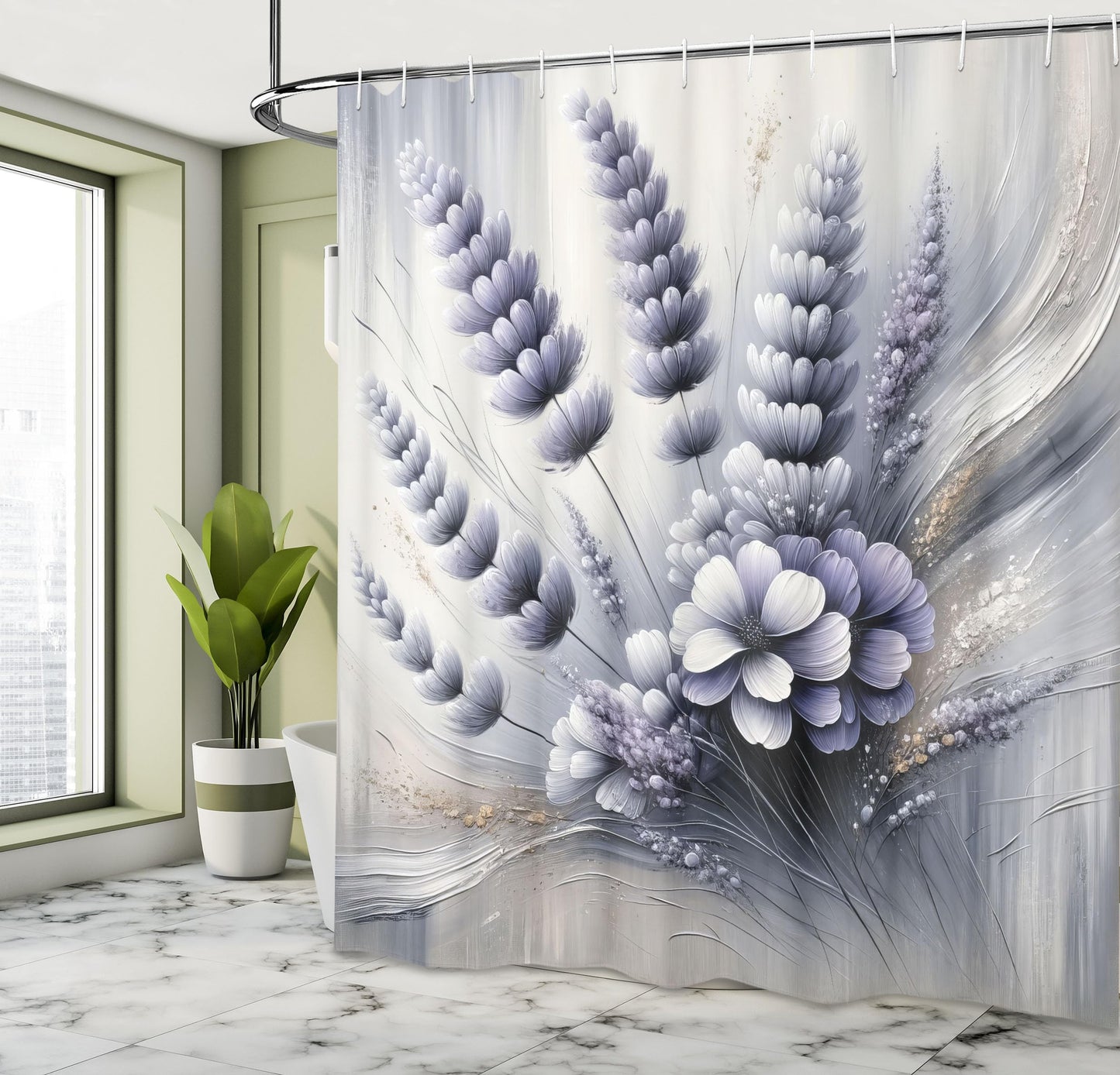 Ambesonne Lavender Shower Curtain, Gentle Illustration of Purplish Petal Floral with Oil Paint Look Backdrop, Cloth Fabric Bathroom Decor Set with Hooks, 69" W x 70" L, Ceil Blue Pale Grey