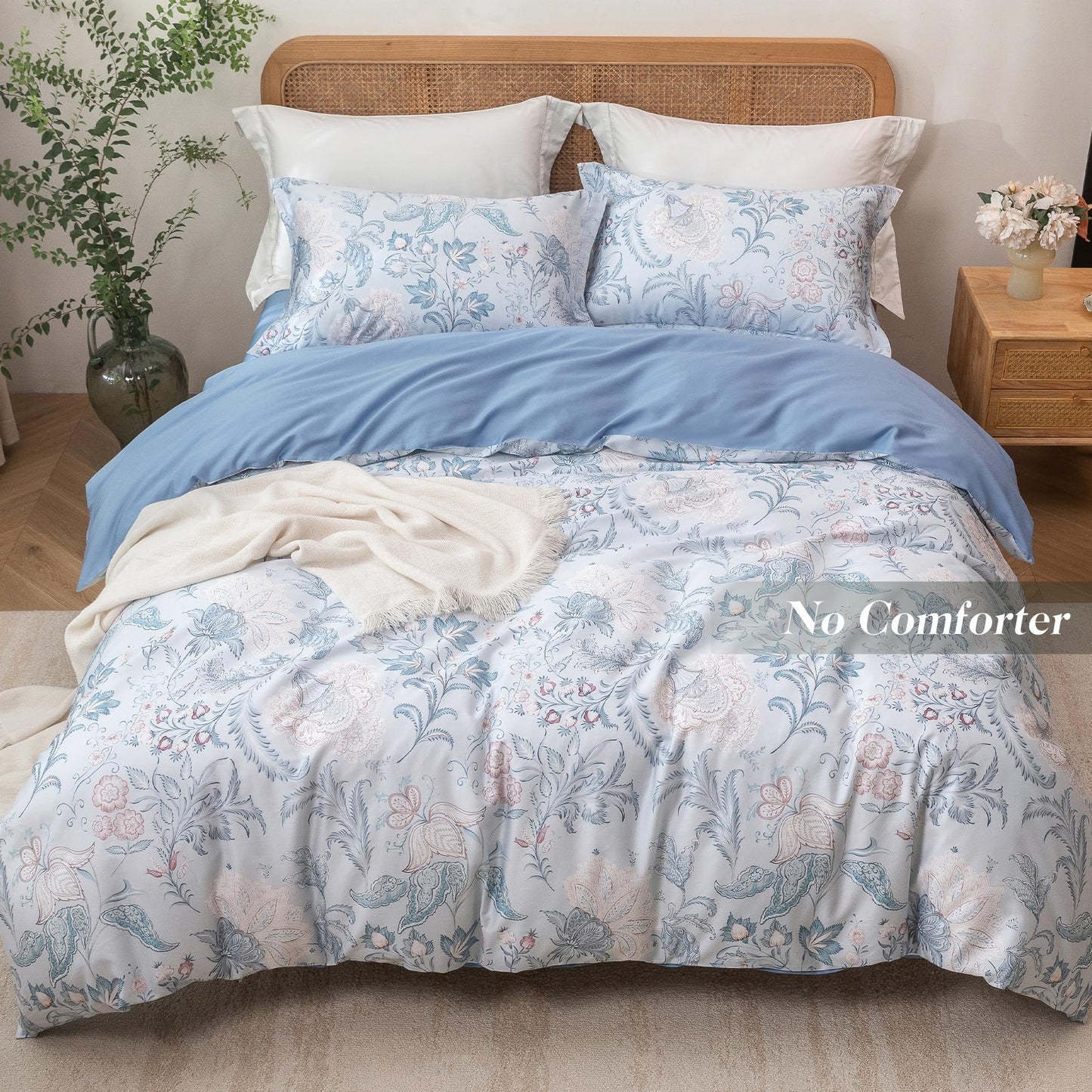 MILDLY Queen Duvet Cover Set - 100% Long-Staple Cotton Paisley Floral Patten Reversible Comforter Cover - 3Pcs Soft Breathable Luxury Bedding for All Season