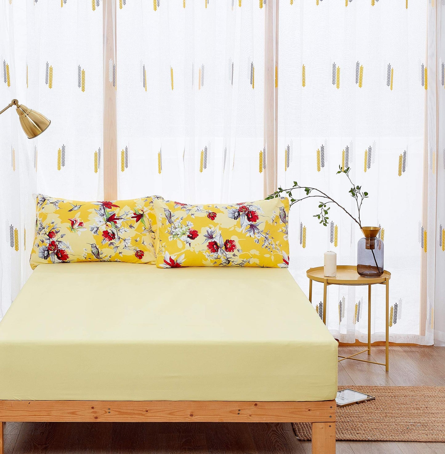 DaDa Bedding Lovely Yellow Floral Fitted and Flat Bed Sheets - Radiant Sunshine Hummingbirds Multi-Colorful Red Flowers - Bright Vibrant w/Pillow Cases Set - Full Size - 4-Pieces