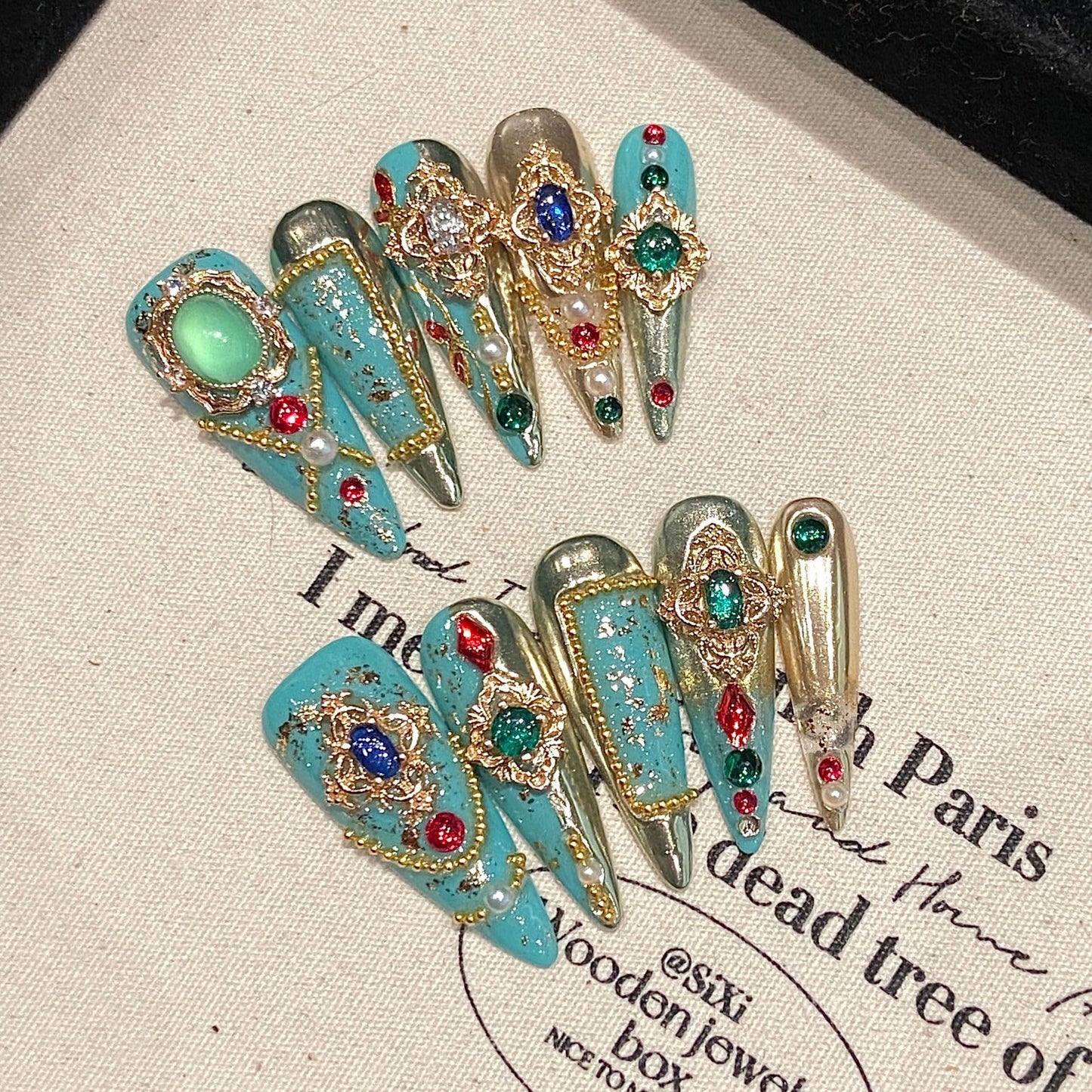 TENPAL Handmade Palatial Press On Nails Long Stiletto,Heirloom Chrysoberyl & Ruby Inlaid Designs Glue on Nails, Artisan Cameo False Nails 10Pcs with Tools Kit,Reusable Wedding Fake Nails for Bride(S)