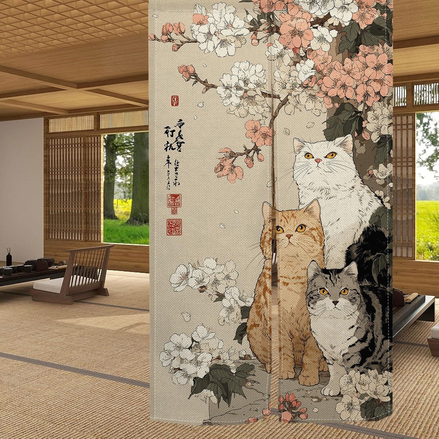 Leowefowa Noren Japanese Doorway Curtain Cat with Cherry Blossom Traditional Chinese Printed Door Curtains Retro Floral Animal Window Treatment Panel for Room Divider Home Kitchen Decor, 33.5x59inch