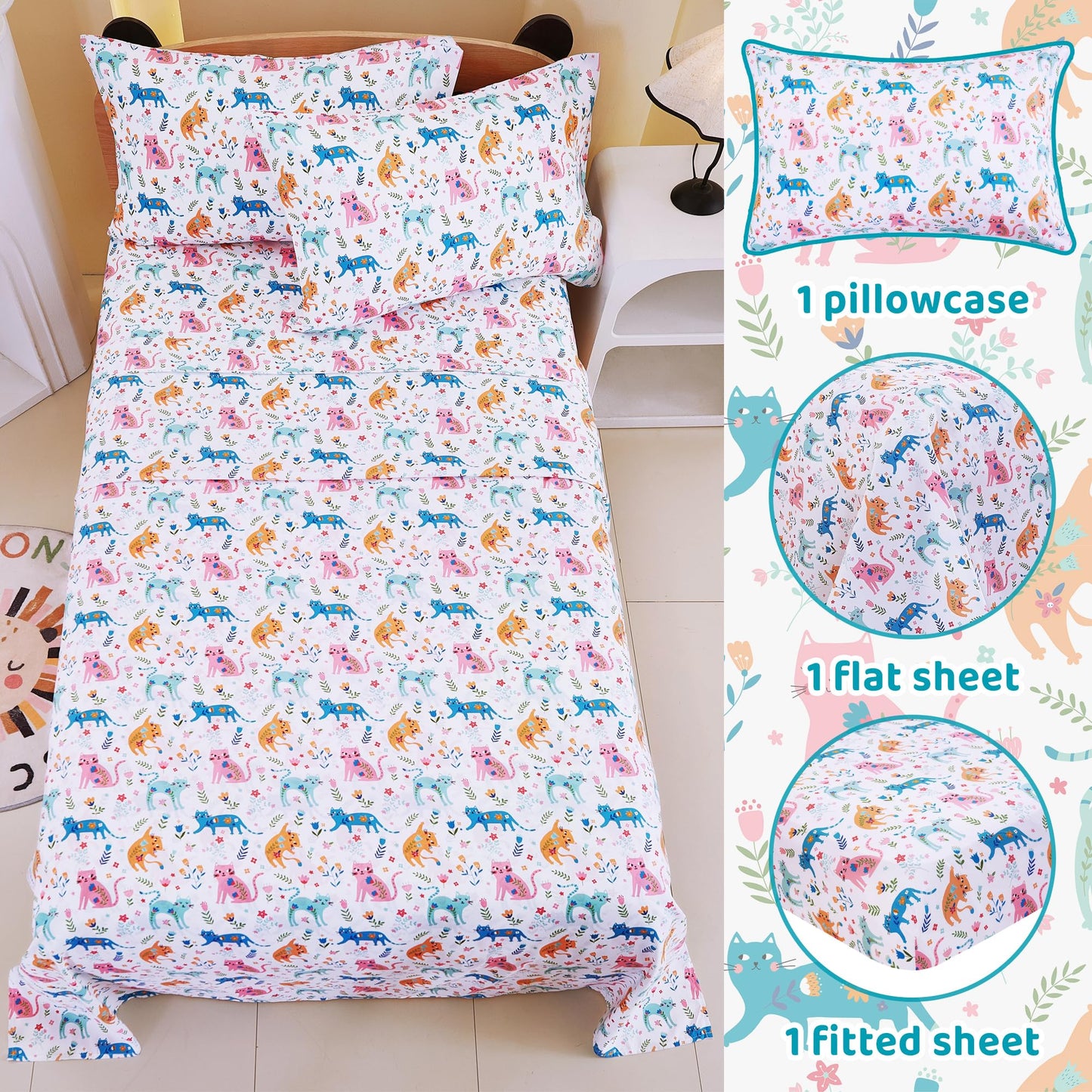 Viviland 3 Pieces Girls Pink Cat Twin Sheet Set - Soft Microfiber Fitted Flat Sheets & Pillowcase - Kids Colorful Floral Leaf Print Bedding Sets - for Kids & Toddlers