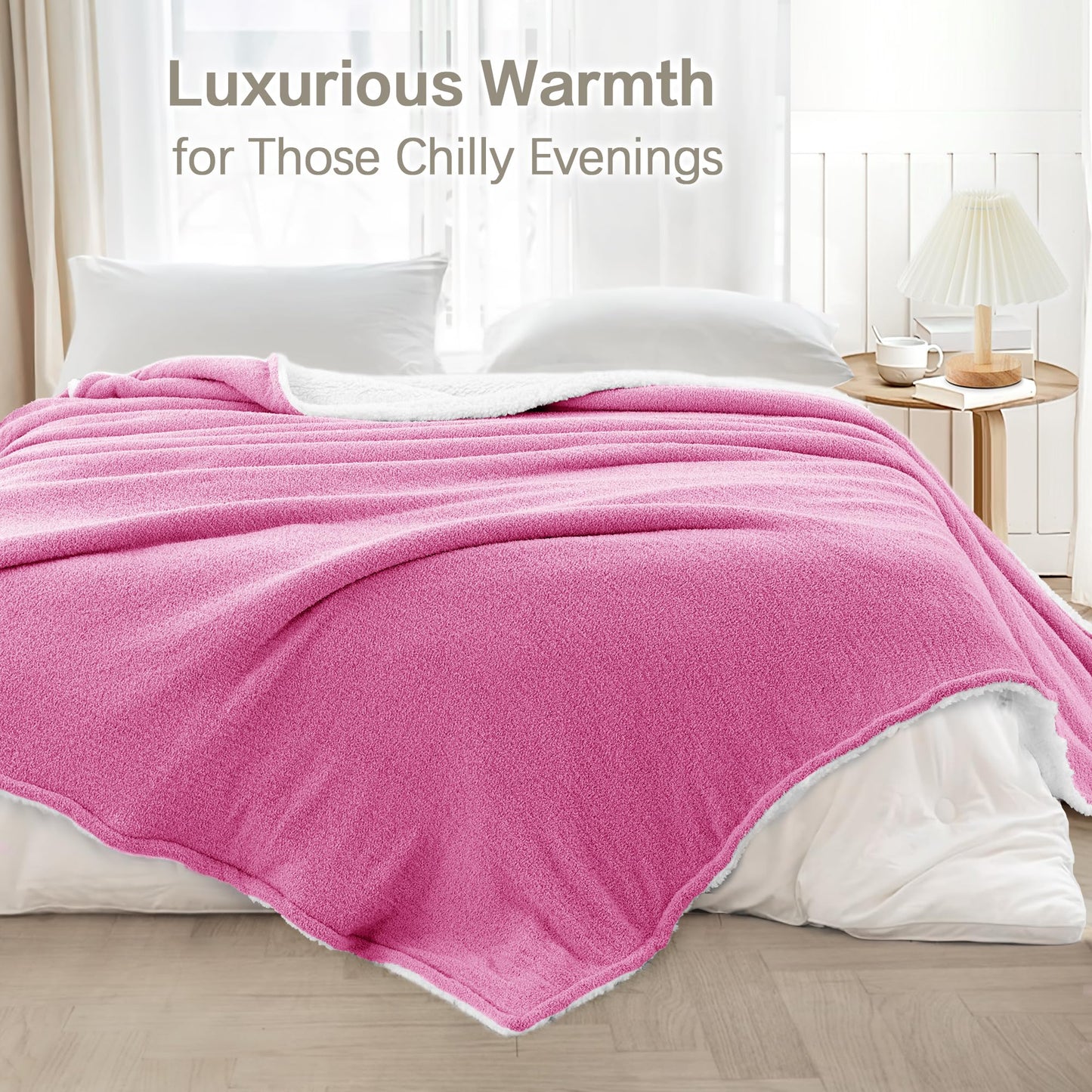 LONG CREATE Ultra Soft Sherpa Fleece Blanket 90"X 90" Queen Size, 480GSM Big Cozy and Warm Knit Throws for Winter, Fuzzy and Plush Reversible Thick Blankets for Couch Bed Sofa, Hot Pink