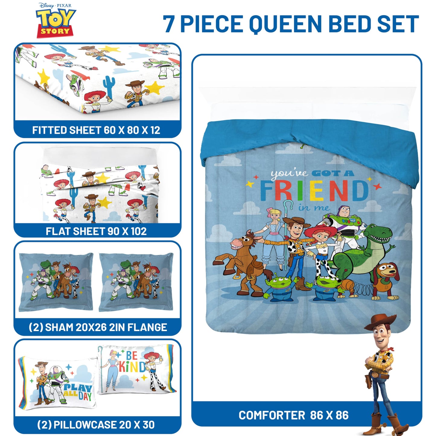Jay Franco Kids Comforter Set Includes Sheets and Pillow Cover - Soft and Cozy Bed Set for Stylish Room Décor, Blue - Toy Story, 7 Piece Queen