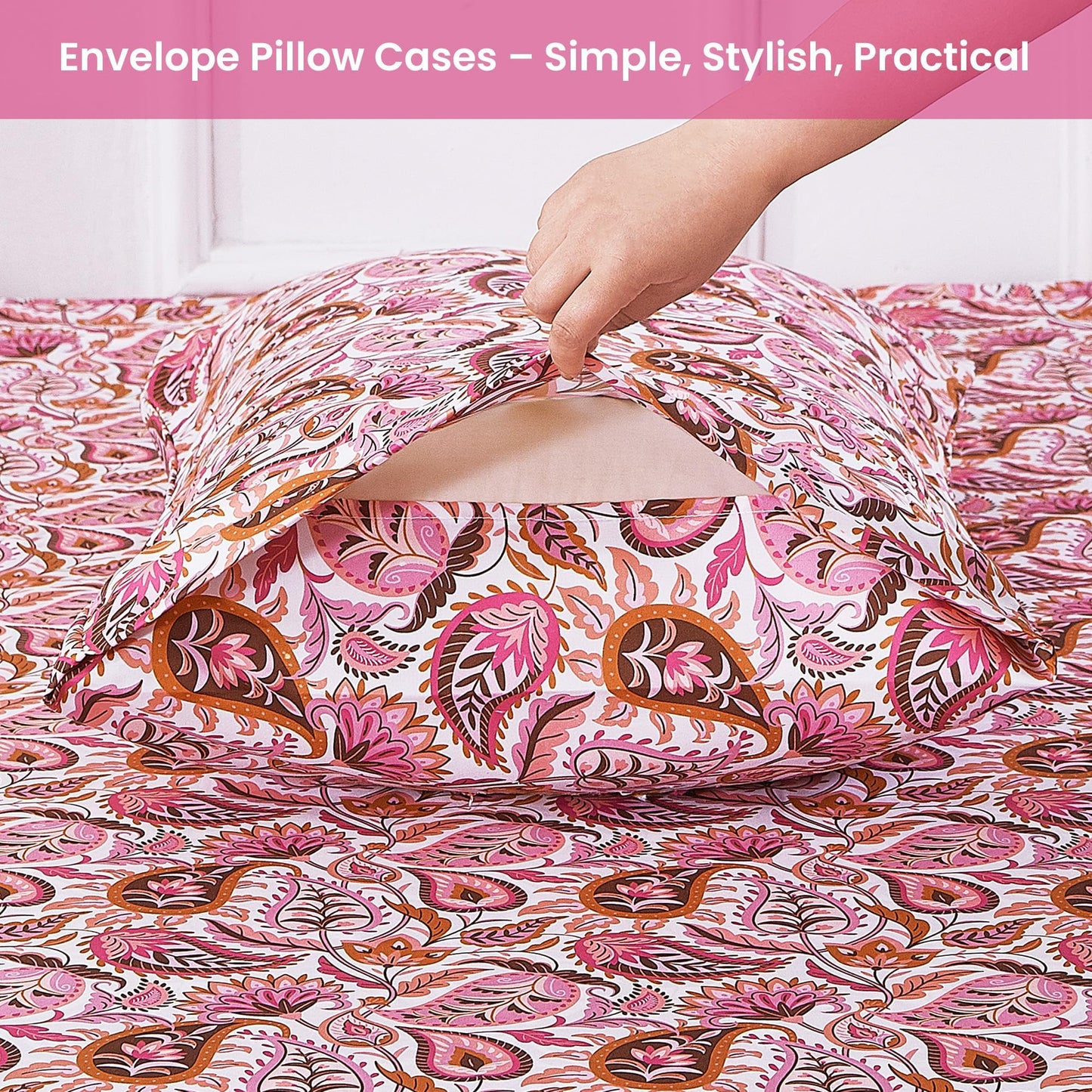 Softan Pink Paisley Floral Full Sheet Set, Cozy Boho Microfiber Printed Fitted Bed Sheet with 15" Deep Pockets & Non-Slip Straps, Girls Patterned Double Sheets & Pillowcase Set
