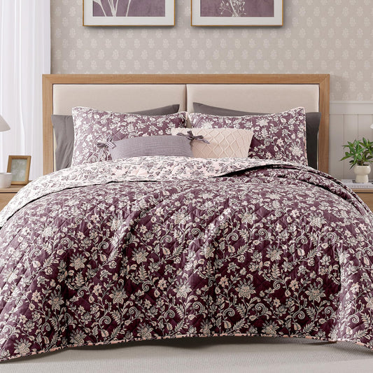 BLOOMHAVEN Quilt Set Queen Size, Italian Plum Floral Quilt Sets, Reversible Bedspread Lightweight and Breathable for All Seasons, Soft Quilted Bedspread with 2 Pillow Shams