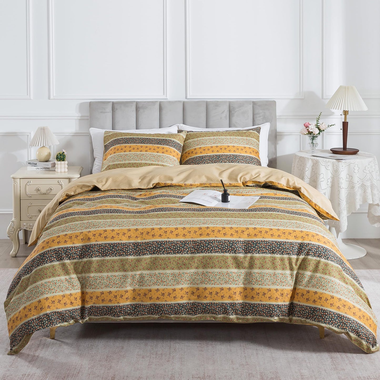 HoneiLife Floral Duvet Cover King - 100% Cotton Comforter Cover, Soft & Breathable Bed Linen Sets 3-Piece, All Season Comforter Cover Sets for King Bed
