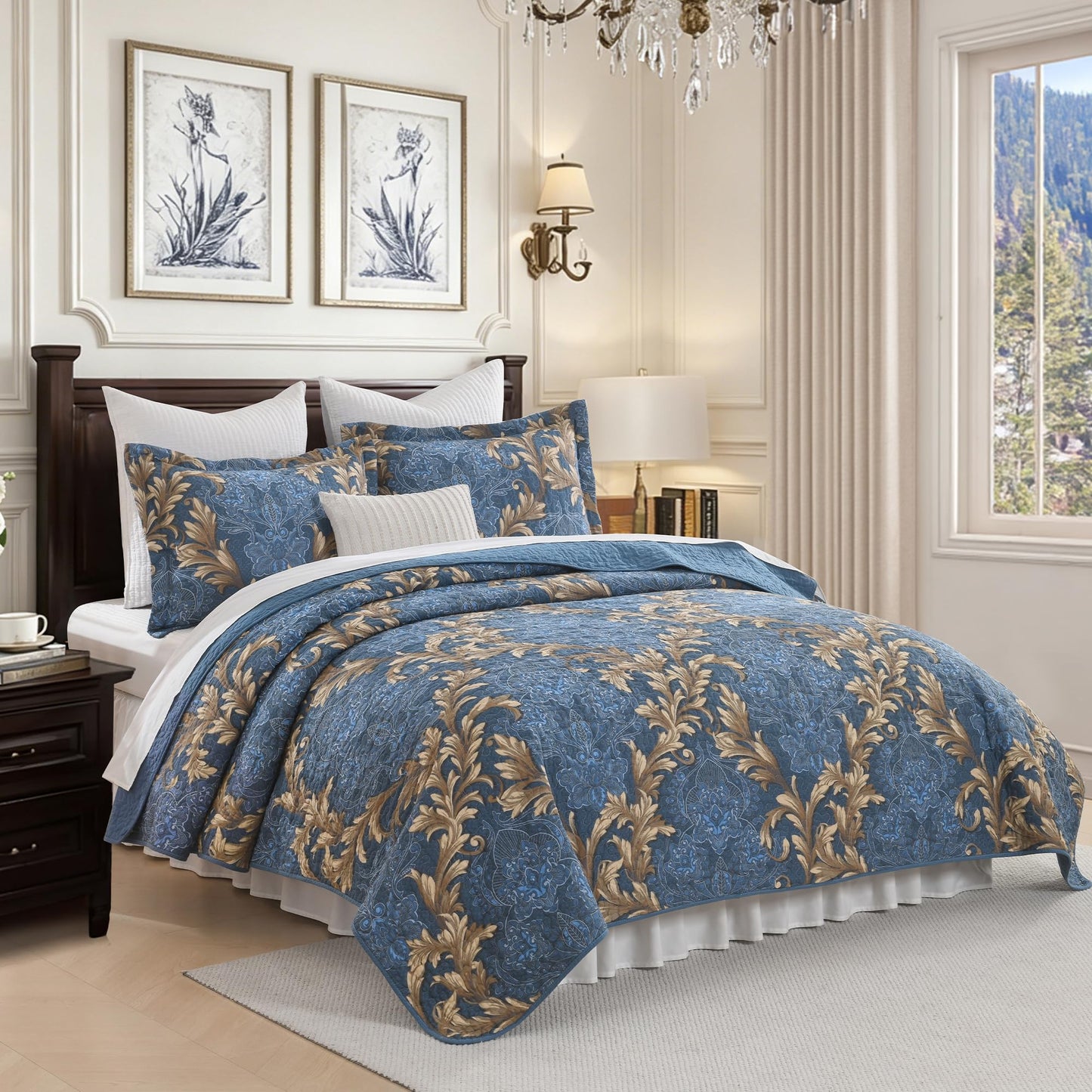 BCOTTOND King Size Quilt Set - Blue and Brown Quilt King, 100% Cotton Damask Bedspread Set 3 Piece, Classic Elegant Lightweight Comforter, Reversible Quilt Bedding Set for All Season