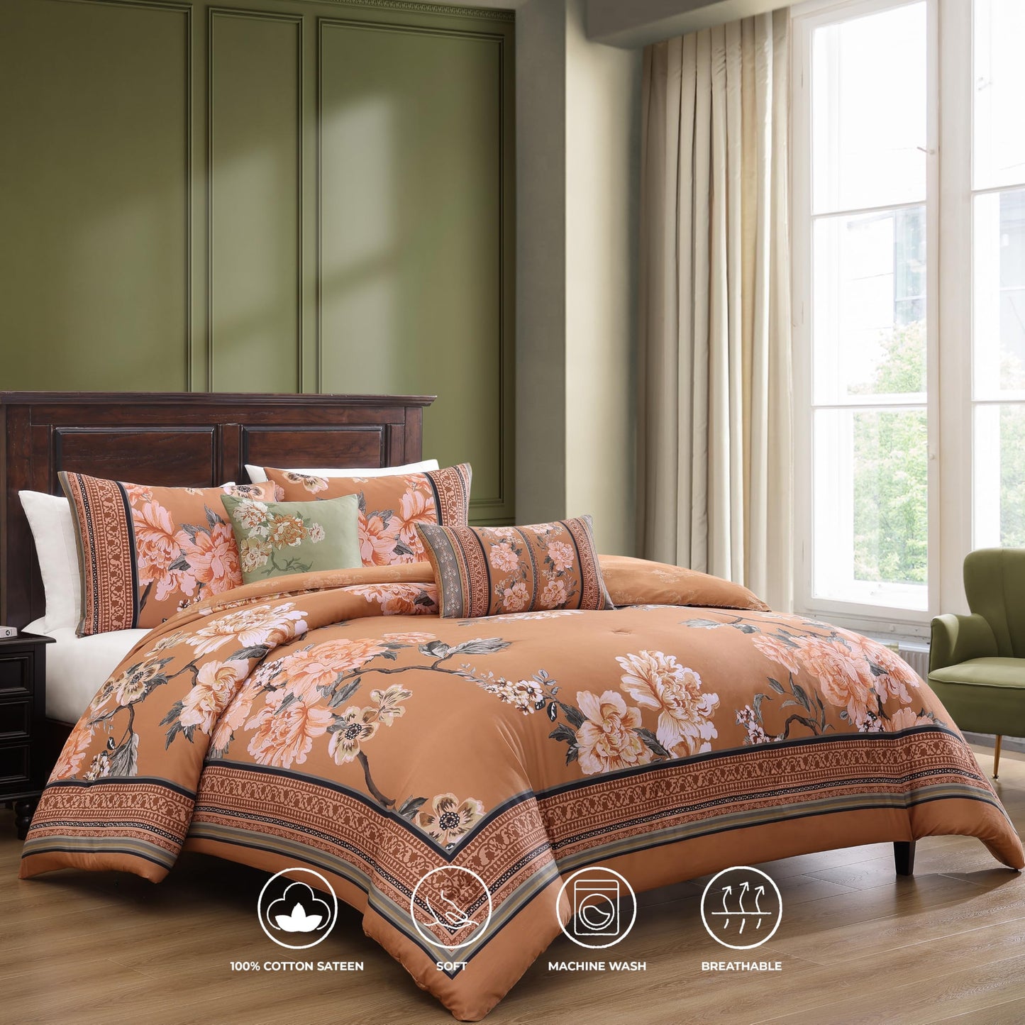Bebejan Rossana 100% Cotton Sateen 5 Piece Comforter Set, Terracotta, Floral Reversible Bedding Comforter Set, 1 Comforter, 2 Shams & 2 Pillows (King/Cal King)