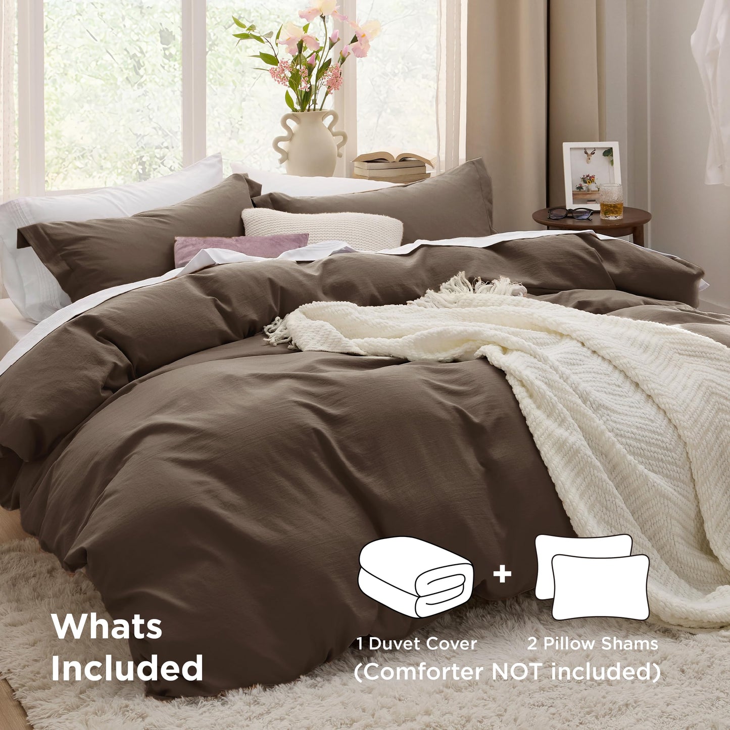 Bedsure Duvet Cover Queen Size - 3 Pieces Prewashed Cotton-Like Polyester Soft Bedding Set, Includes 1 Duvet Cover 90x90 Inches with Zipper Closure & 2 Pillow Shams, No Comforter，(Dark Brown, Queen)