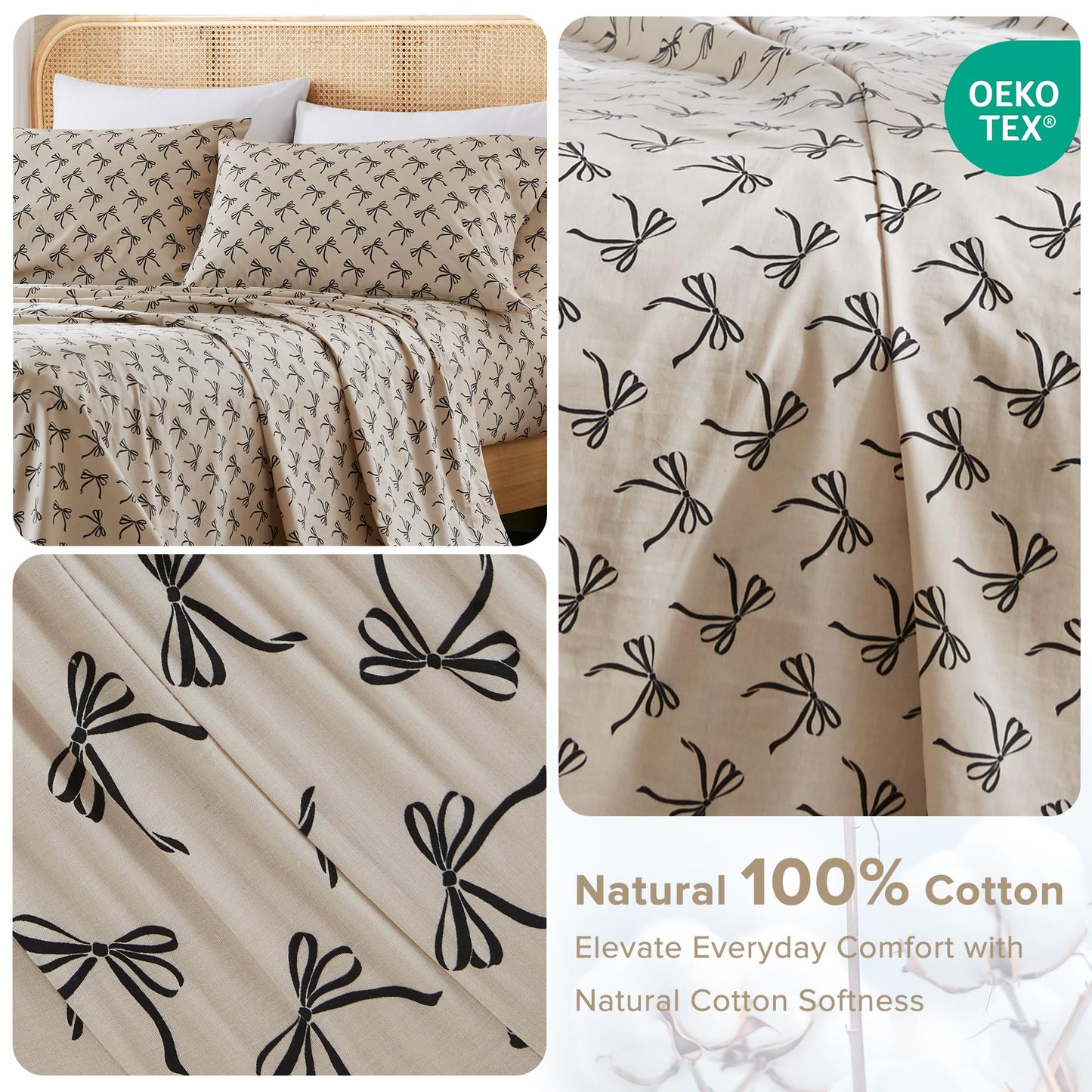 Comfort Spaces 100% Cotton Sheets King, Breathable, Naturally Cool Cotton Sheets, Soft Cotton Bed Sheets with 14" Elastic Pocket Fits up to 16" Mattress, All Seasons Sheet Set, Bow Black/Taupe 4 Piece