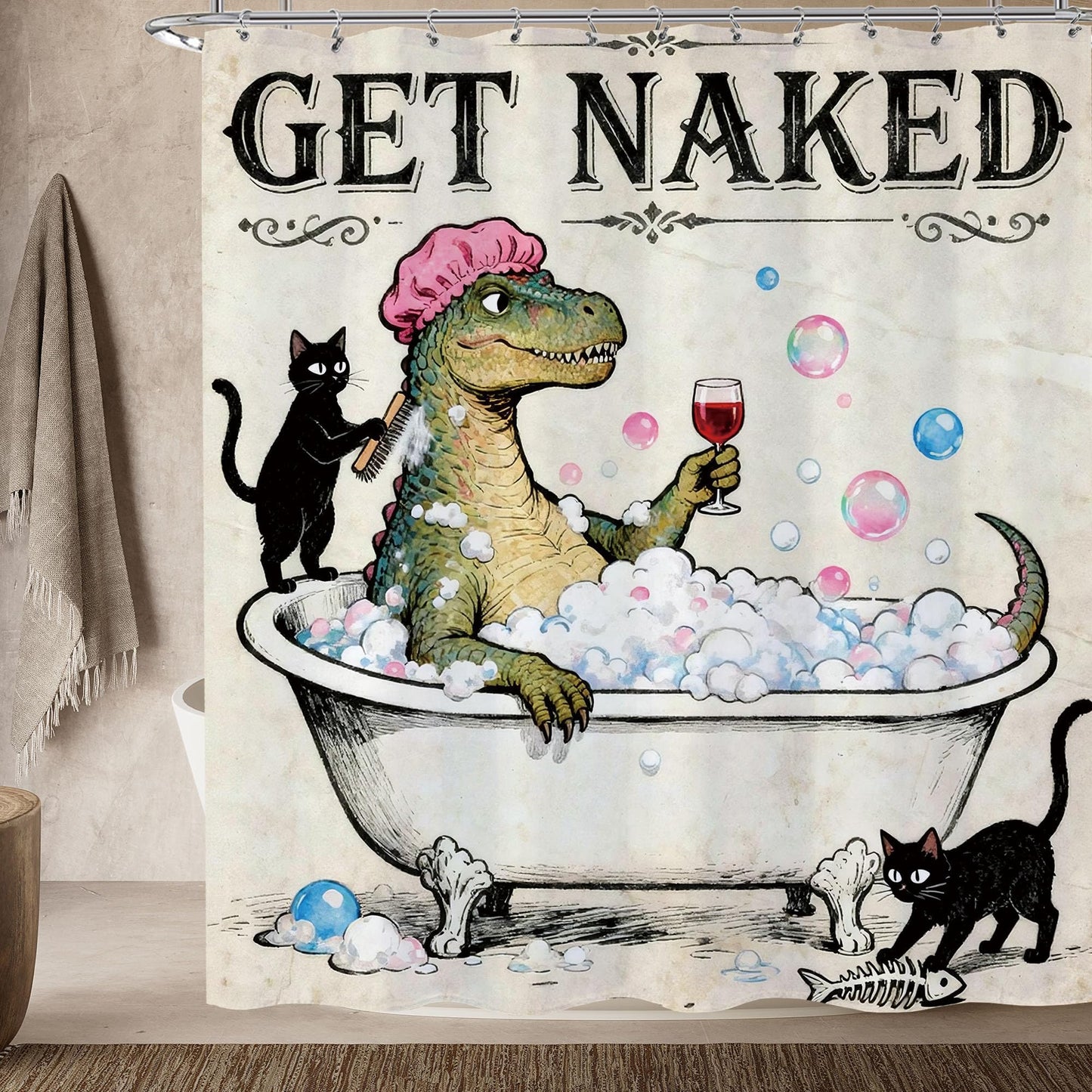 Opeoddie Black Cat Funny Dinosaur Shower Curtain Cool Get Naked Boys Kids Shower Curtains Set Cute Animal in Bathtub Bath Curtain Retro Rustic Dino Raptor Teen Fun Bathroom Decor 60Wx72H Inch
