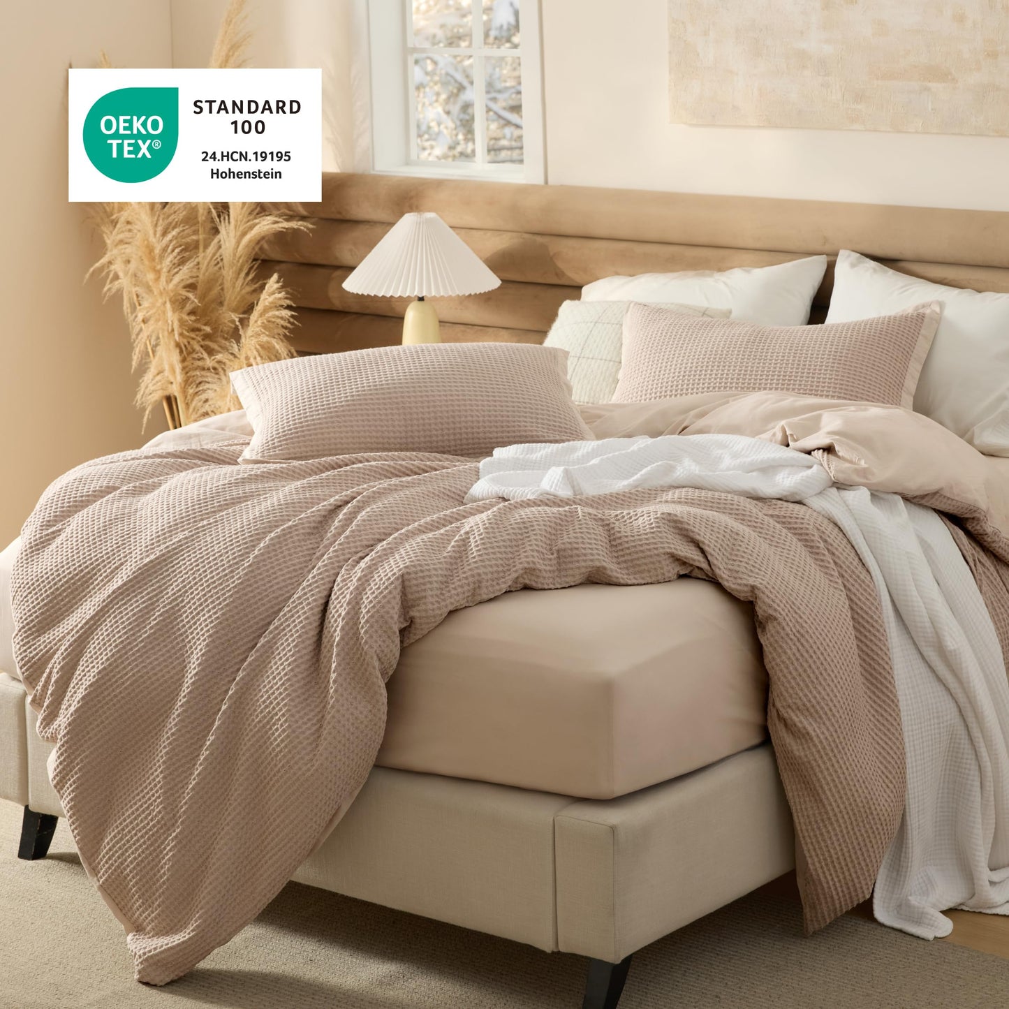 Bedsure 100% Cotton Duvet Cover Queen Size with Fitted Sheet - 4 Pieces Khaki Waffle Weave Duvet Covers, PureWowen Breathable Bedding Set Includes 1 Duvet Cover 90x90, 1 Fitted Sheet, 2 Pillow Shams