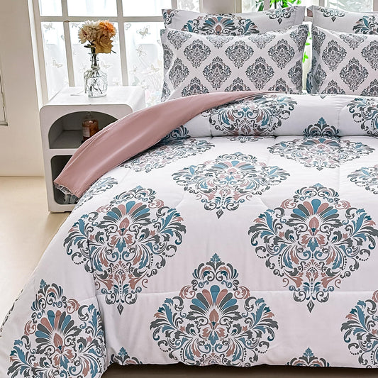 lasoftan Floral Queen Comforter Set with Sheets, 7 piece Luxury Vintage Bedding, Soft Microfiber Bed in a Bag, Cozy Lightweight Bed Set, Damask Boho Flower