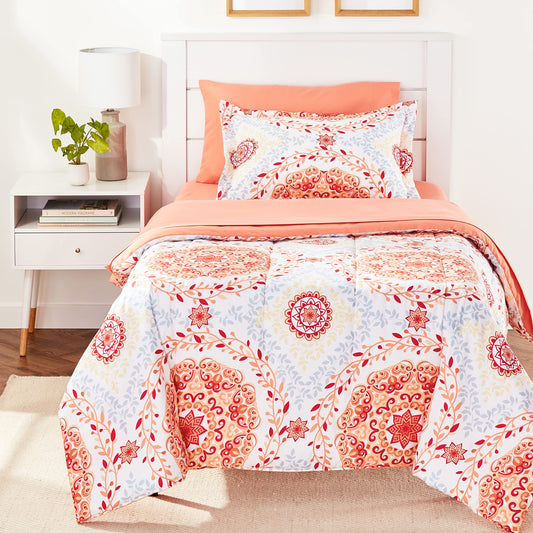 Amazon Basics Twin/Twin XL Lightweight Microfiber Comforter Bedding Set with Printed Sheets, 5-Piece Bed-in-a-Bag, Coral Medallion